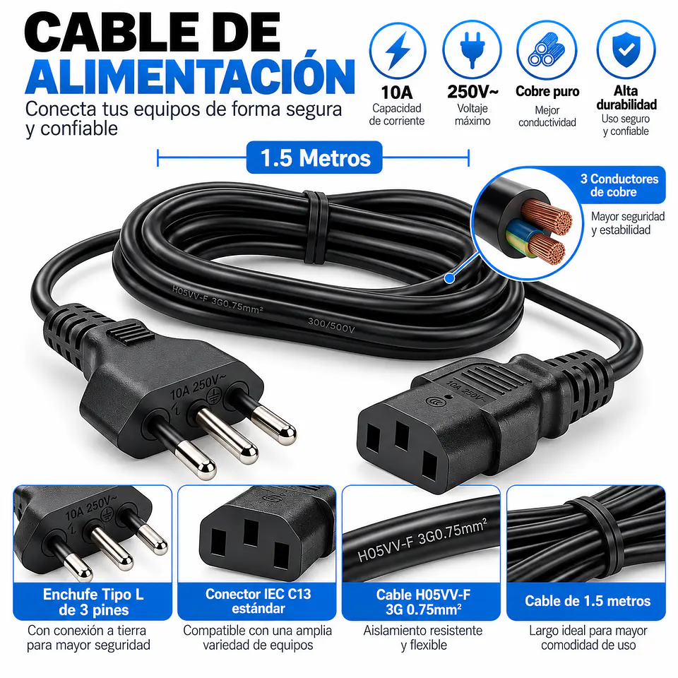 Cable de Poder para PC 1,5 Metros Enchufe Chileno 3 Pines a IEC C13 Negro 2