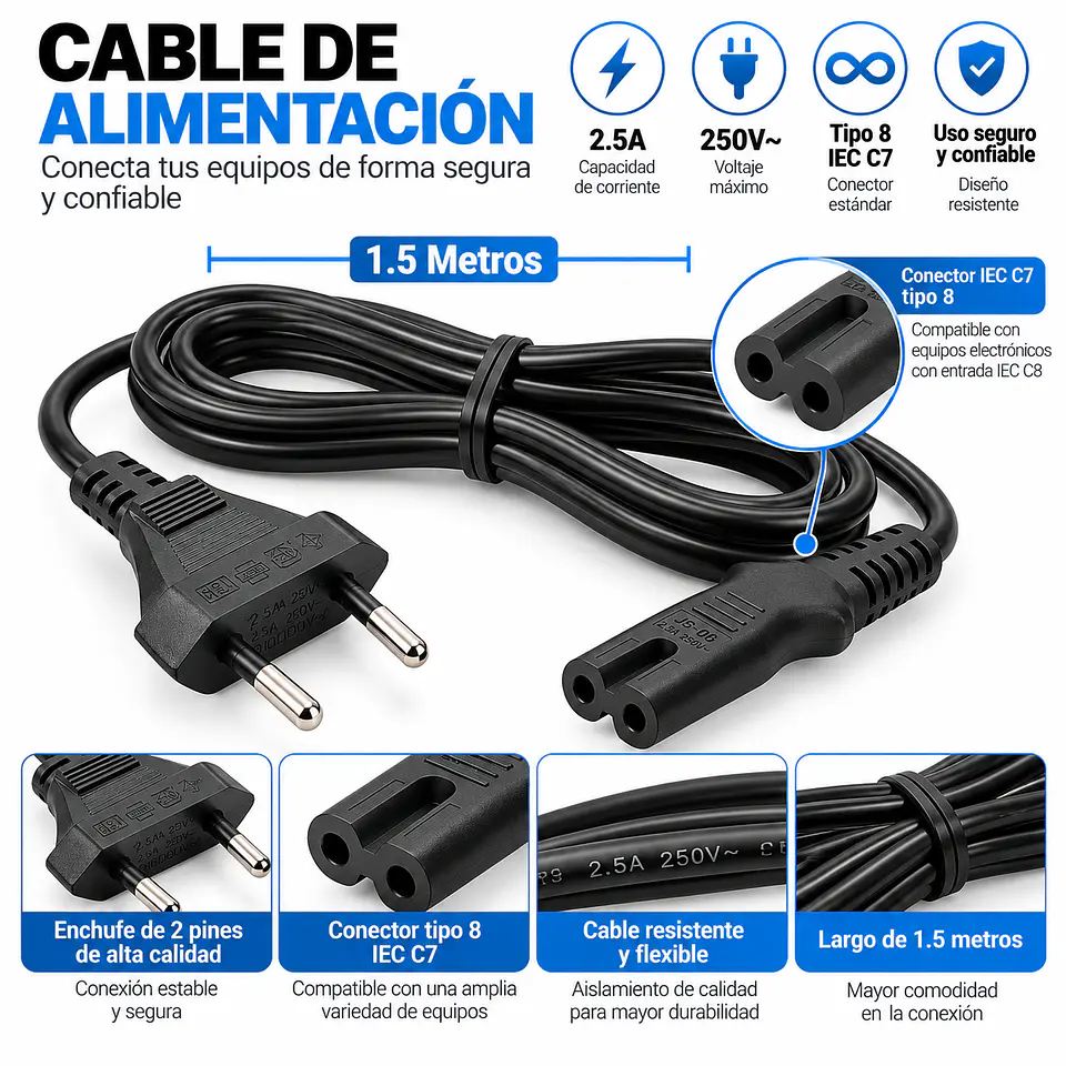 Cable de Poder Tipo 8 1,5 Metros Enchufe 2 Pines a IEC C7 Negro 2