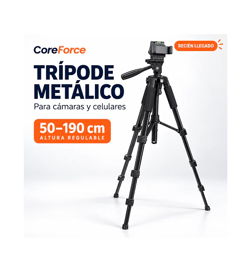 Trípode Metálico CoreForce para Cámaras y Celulares | 50–190 cm