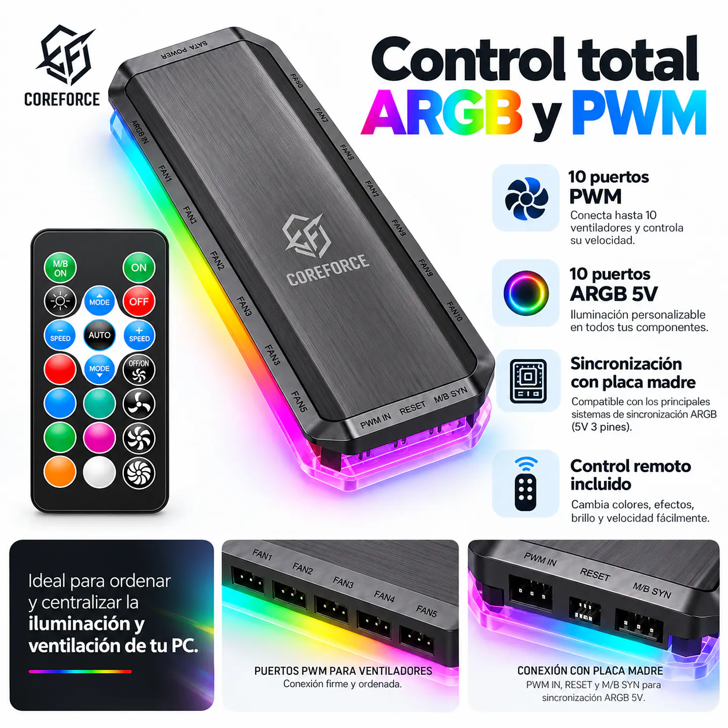 Hub Controlador ARGB y PWM CoreForce CF-H10 de 10 Puertos con Control Remoto 2