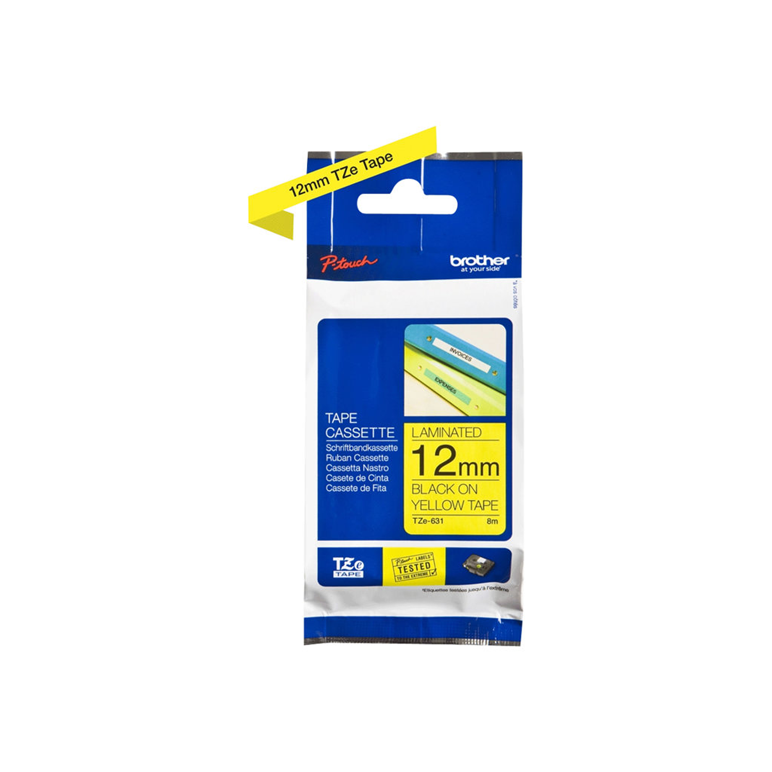 Brother TZE361, Cinta STD 12 mm, Negro Sobre Amarillo 1