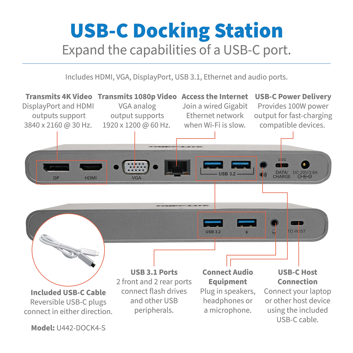 Tripp-Lite Dock 4, USB C, Ultra HD 4K, D-Port,HDMI,VGA, USB AC, GbE, 100W PD 3