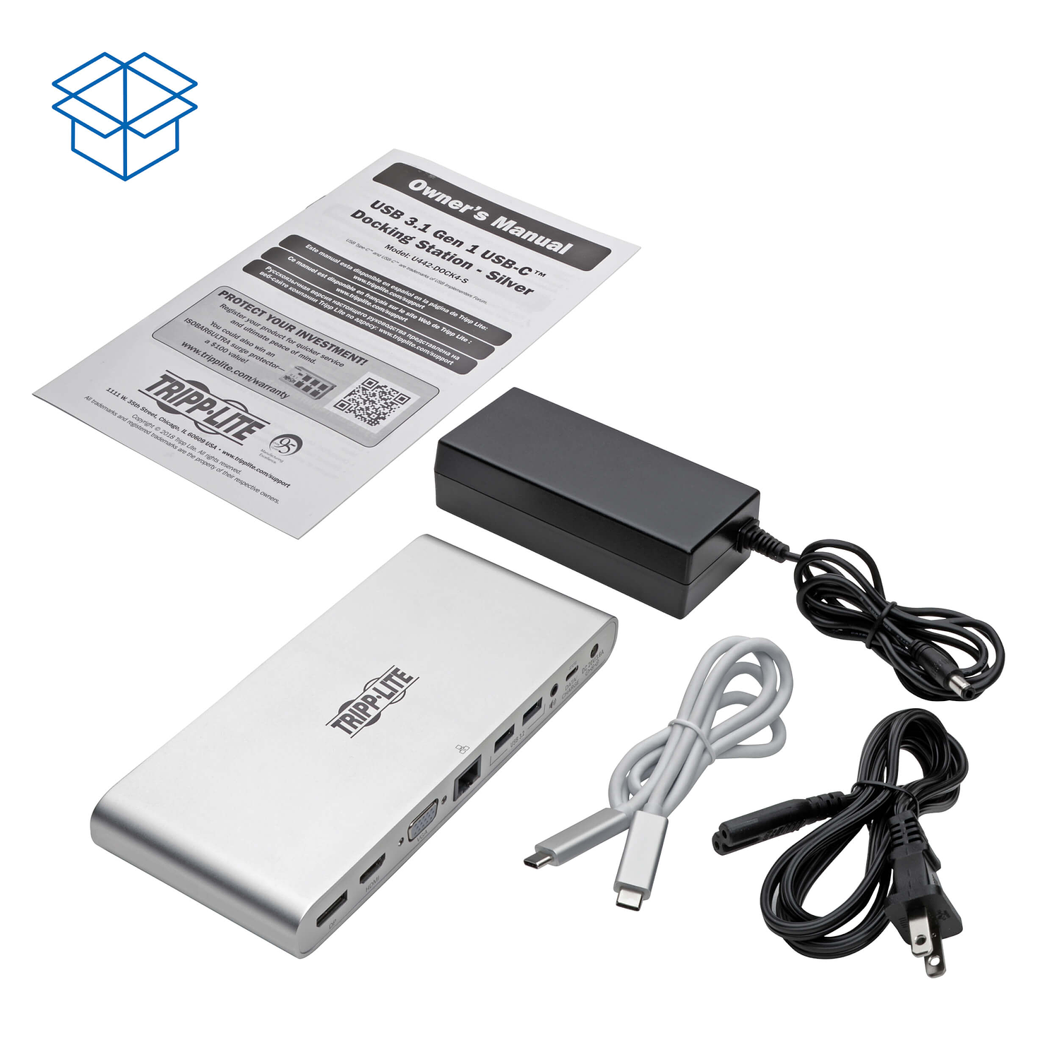 Tripp-Lite Dock 4, USB C, Ultra HD 4K, D-Port,HDMI,VGA, USB AC, GbE, 100W PD 7