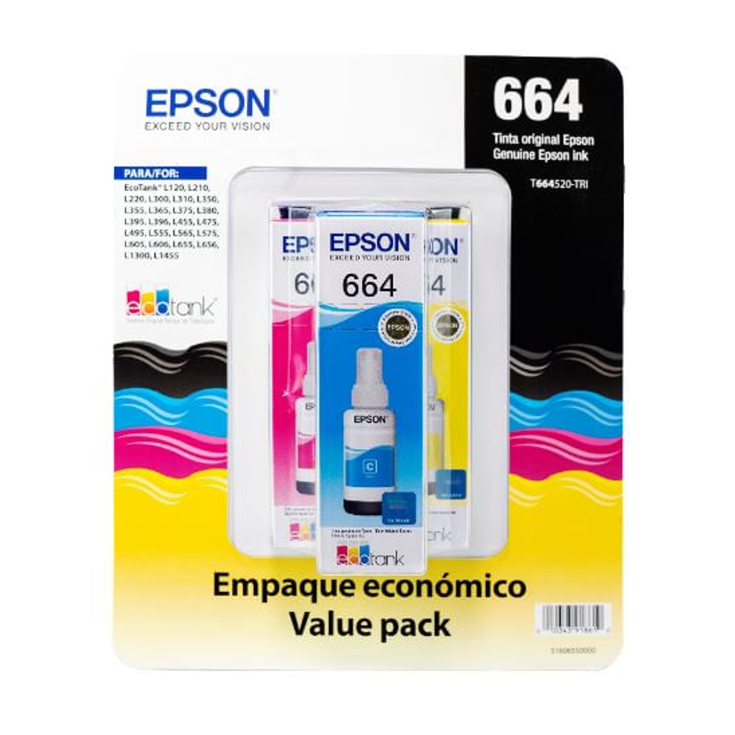 Epson T664520-3P EcoTank, Pack de Botellas de Tinta (Cyan, Magenta, Amarillo)	 1