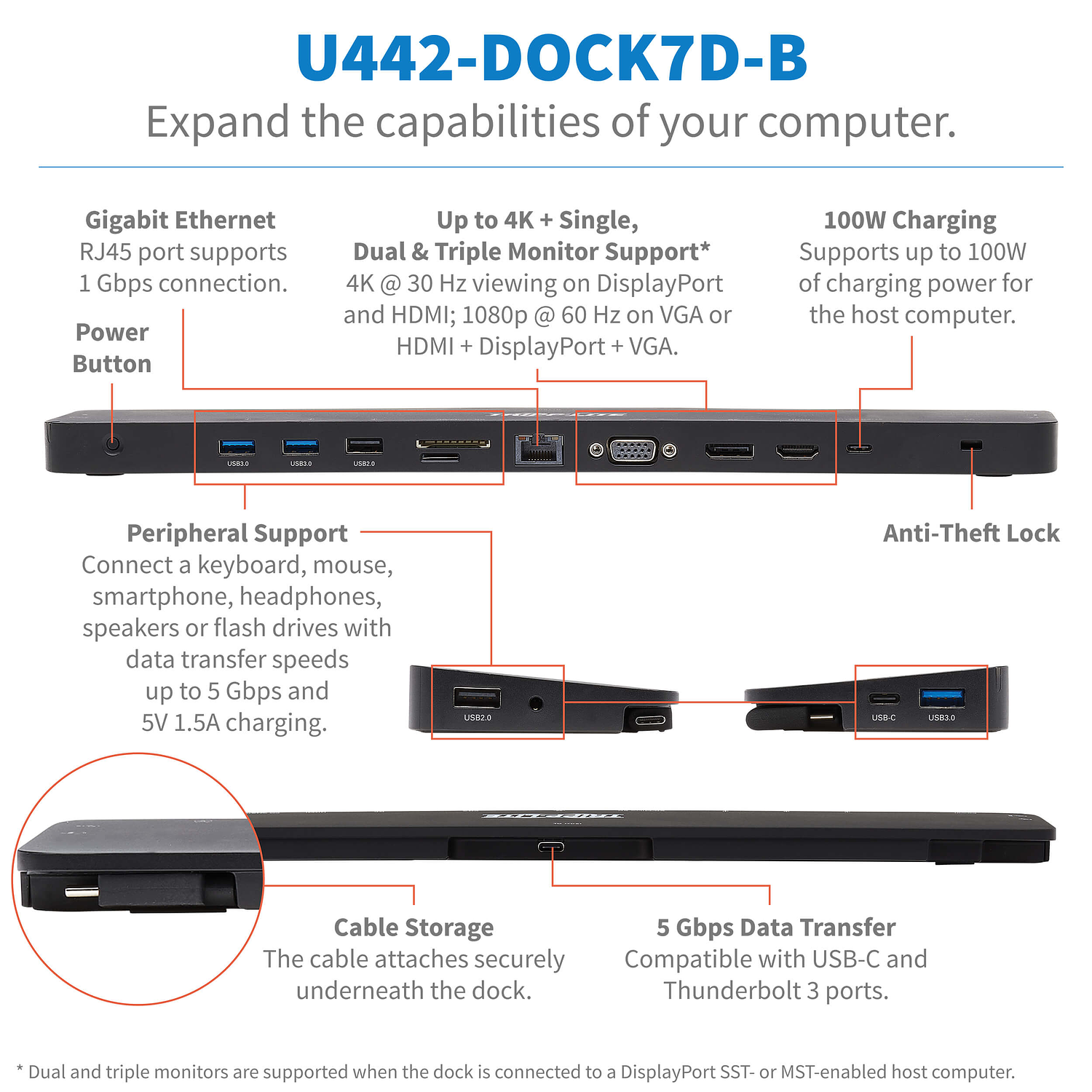 TrippLite U442-DOCK7D-B Docking Station USB-A/C 4K HDMI, DisplayPort, VGA 15