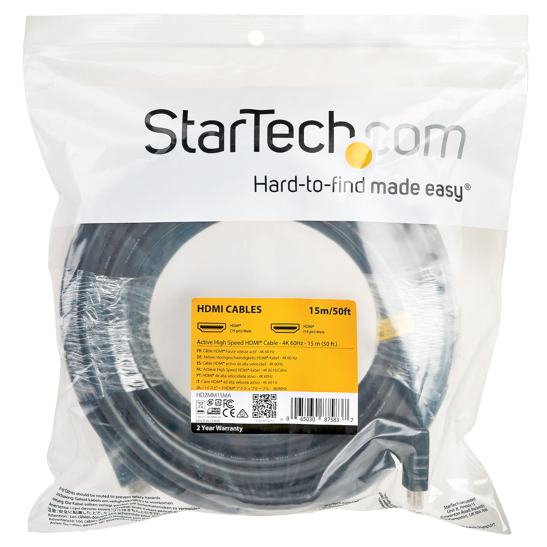 StarTech Cable de 15 Metros HDMI 2.0 Activo de 4K a 60Hz 