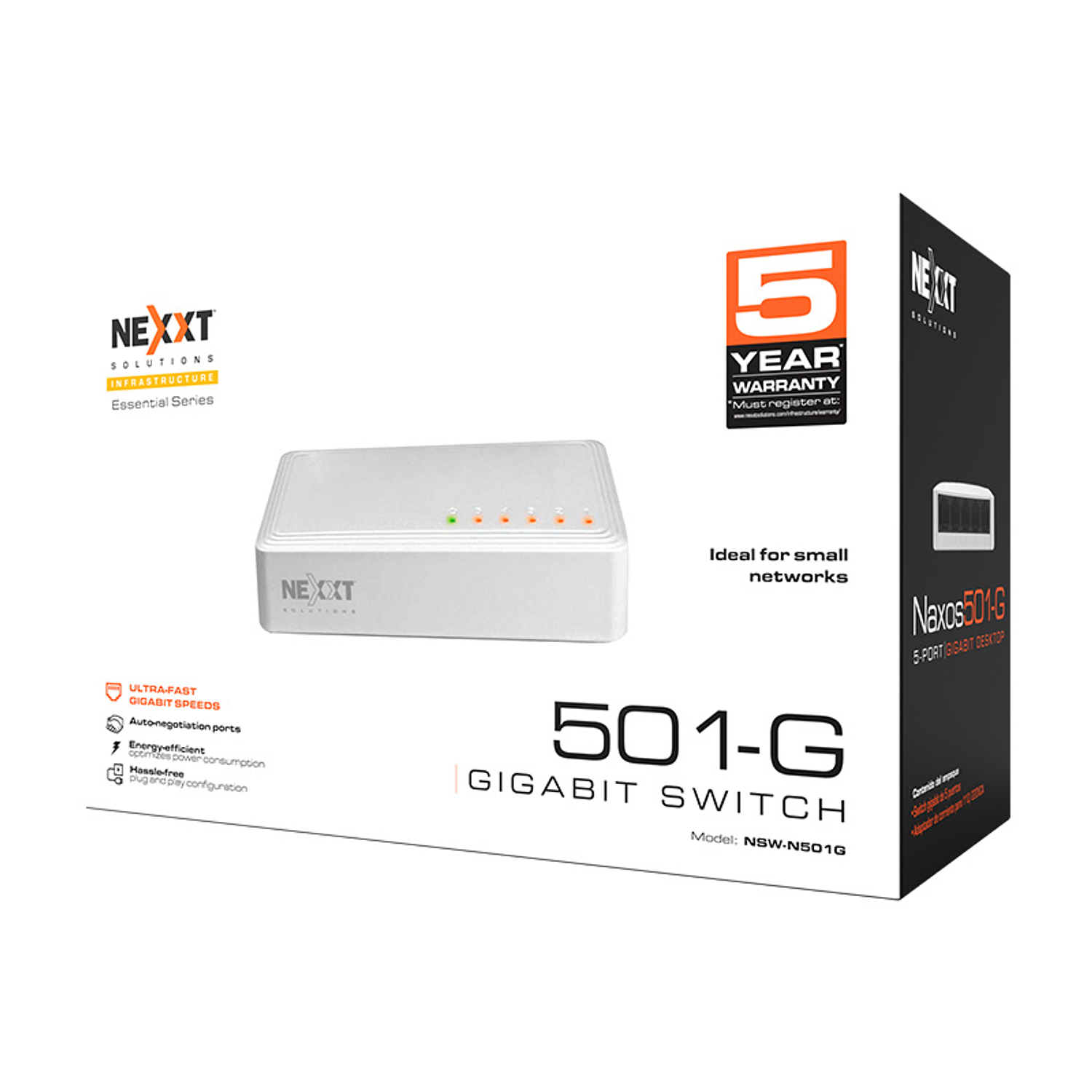 Nexxt Solutions Naxos501-G Switch de Escritorio 5 Puertos Gigabit Ethernet 110/220V 3