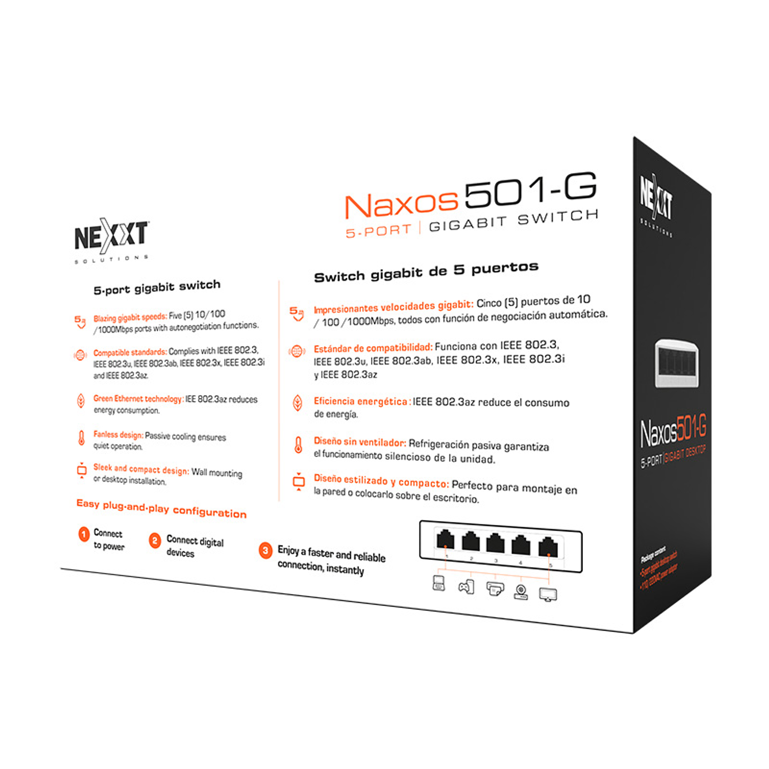 Nexxt Solutions Naxos501-G Switch de Escritorio 5 Puertos Gigabit Ethernet 110/220V 4