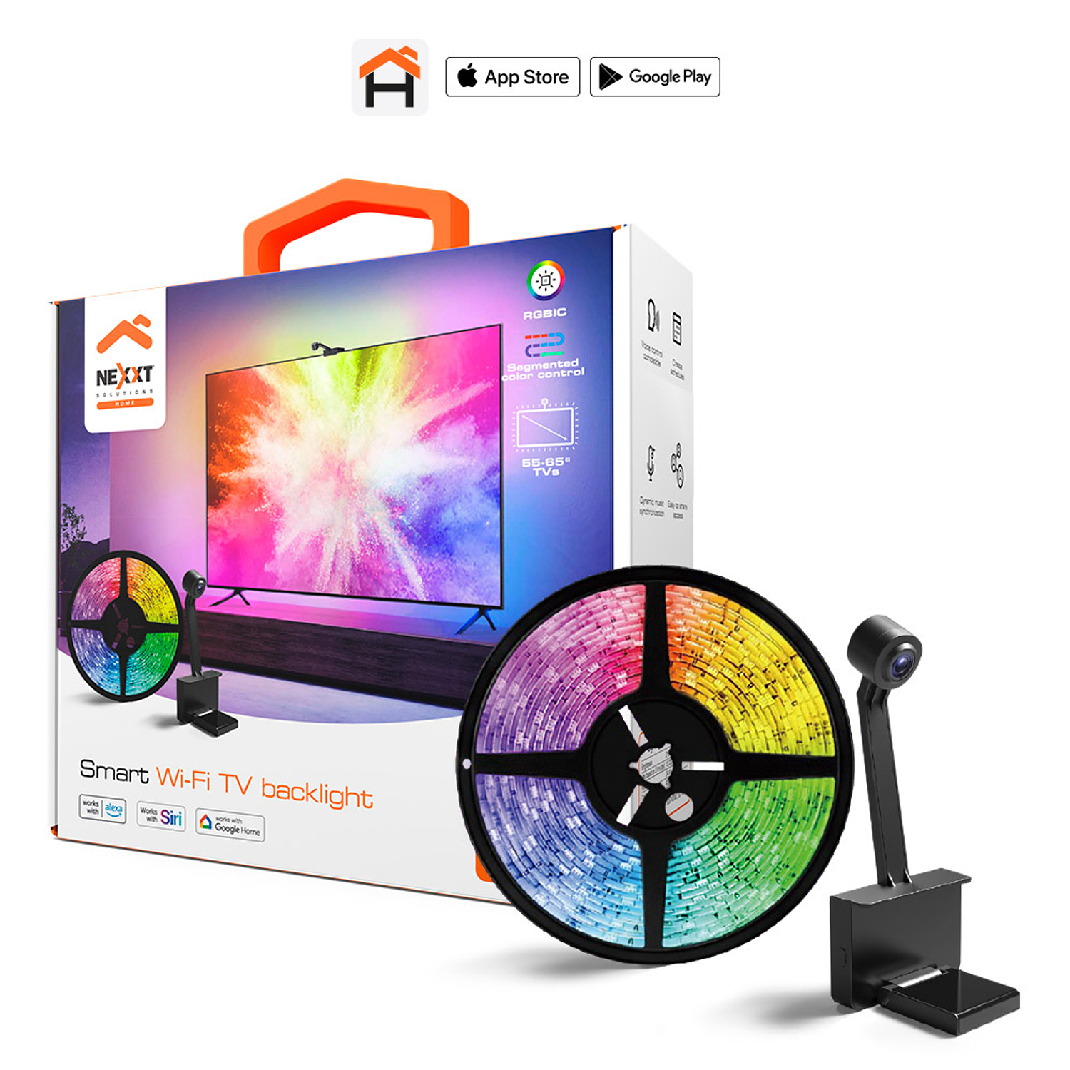 Nexxt Solutions Cinta LED Inteligente con Cámara para TV, Control por App y Asistentes de Voz 1