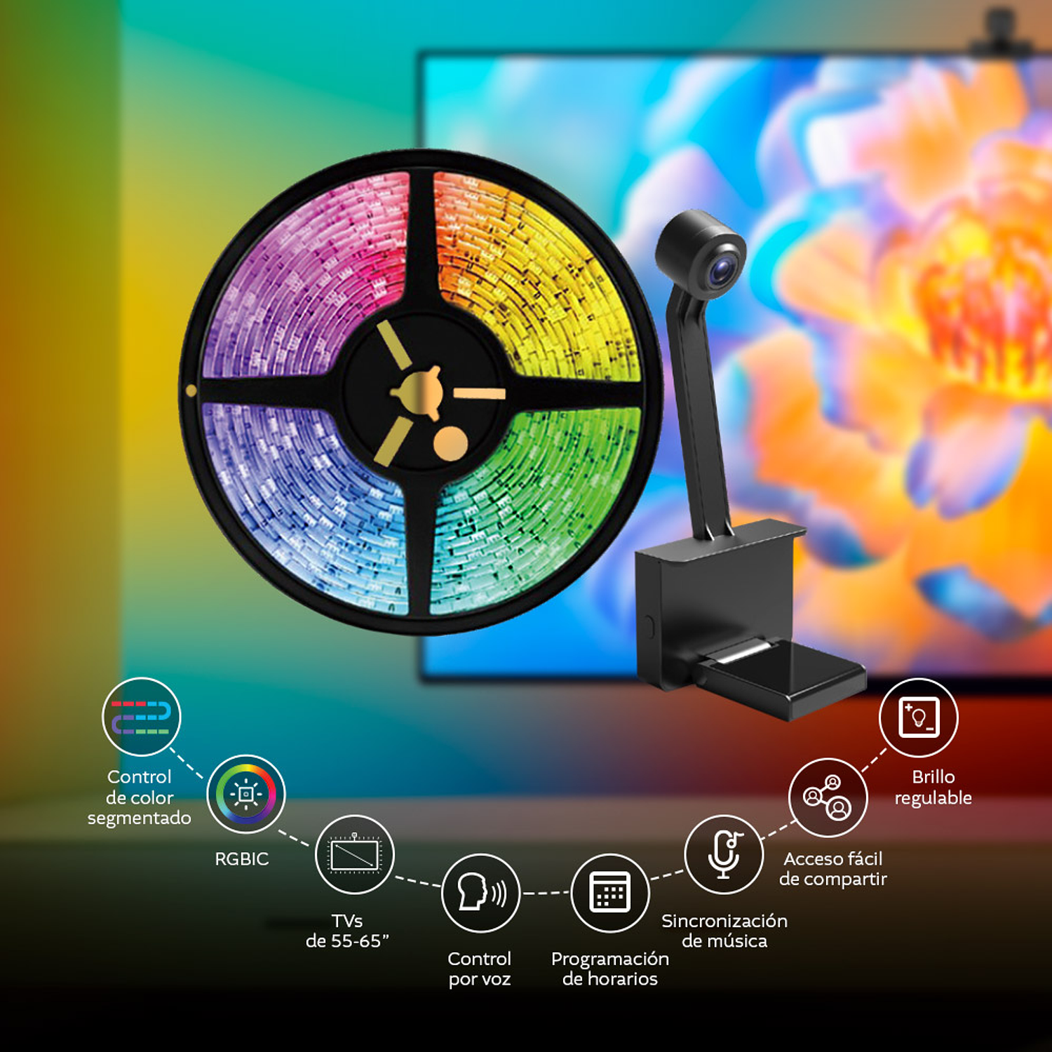 Nexxt Solutions Cinta LED Inteligente con Cámara para TV, Control por App y Asistentes de Voz 2