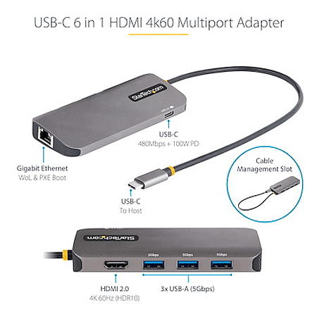 StarTech Adaptador Multipuertos USB-C 6 En 1 Con HDMI 4K, USB-A 5Gbps, PD 100W y Ethernet"