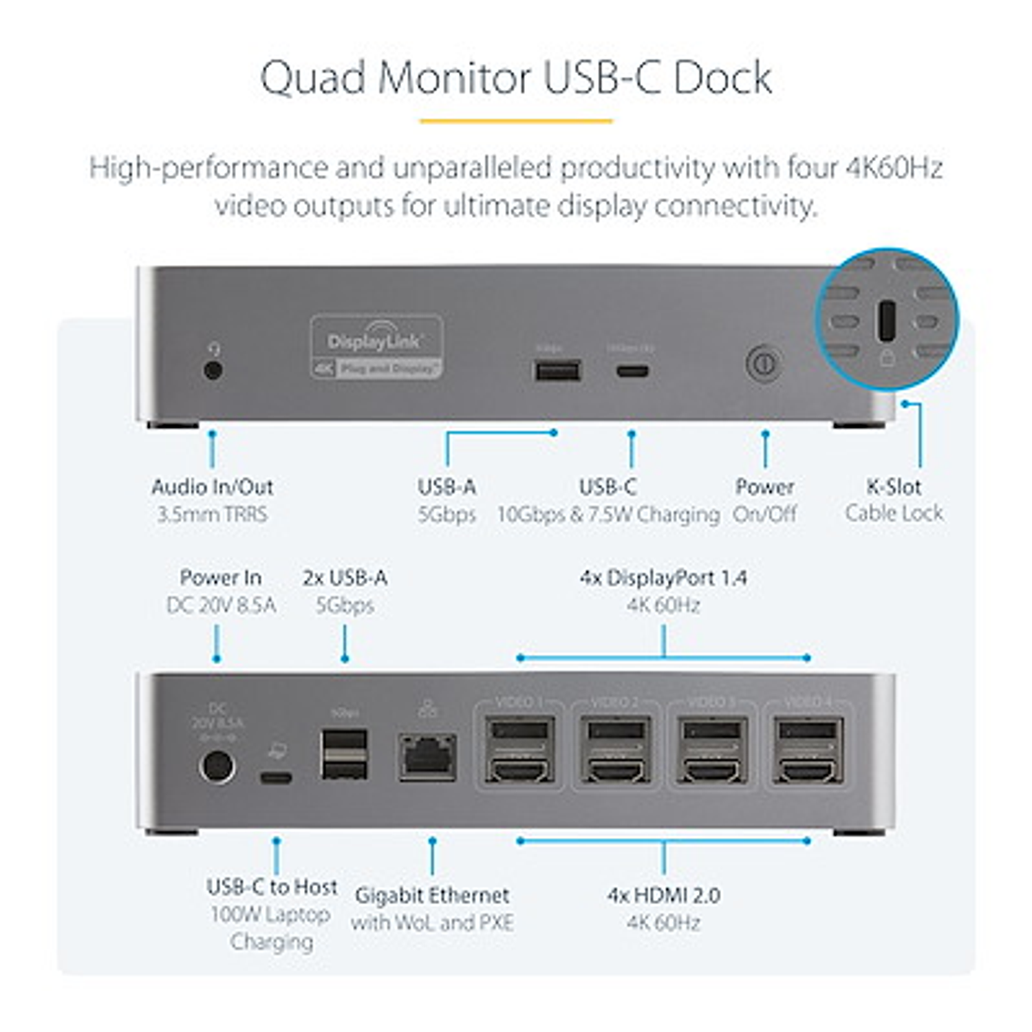 StarTech Estación De Acoplamiento USB-C 4K 60Hz Con Power Delivery 100W y Ethernet 3
