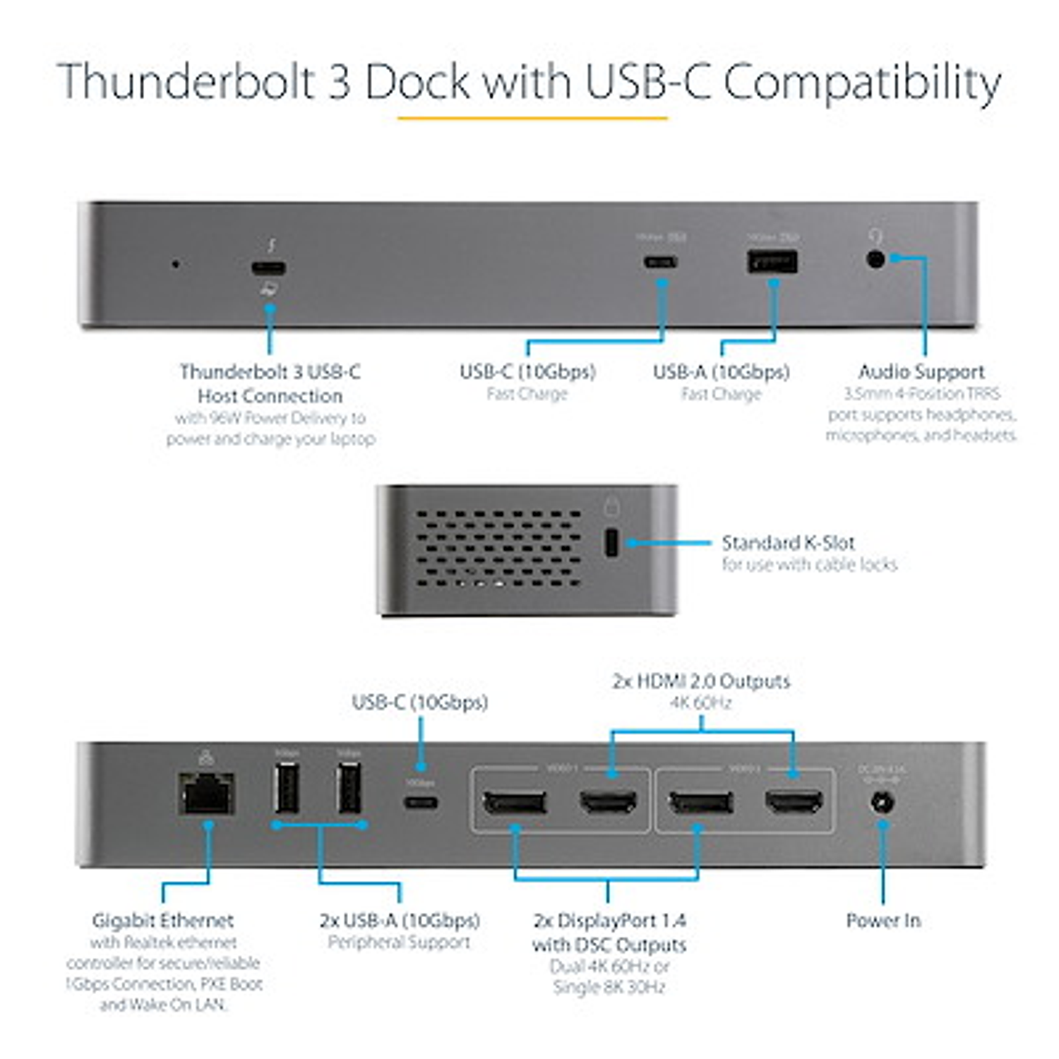 StarTech Dock Thunderbolt 3 USB-C Dual 4K 60Hz 96W PD 5x USB 10 Gbps 3
