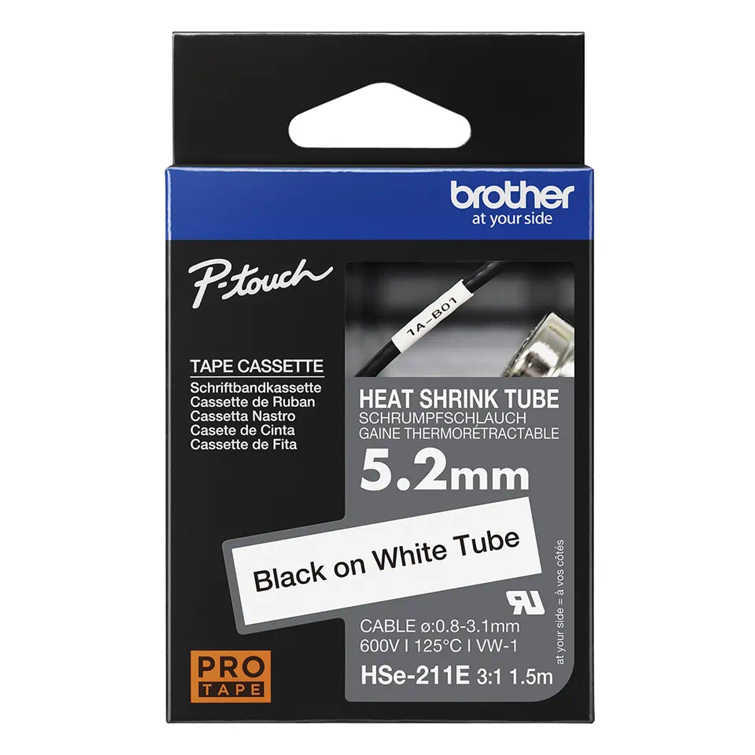 Brother HSE211E Cinta Termoretráctil 5.2mm Negro Sobre Blanco 1