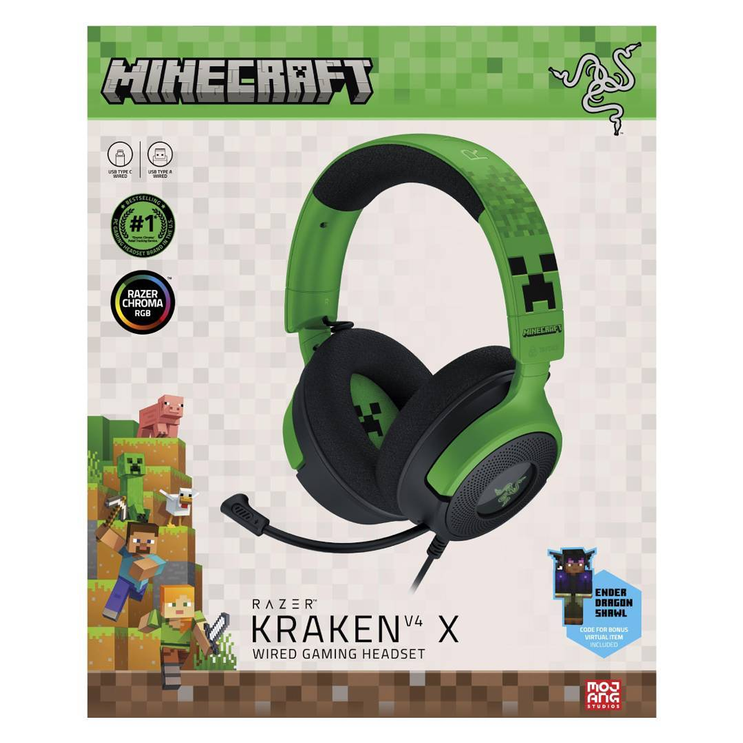 Razer Kraken, Audífonos Gamer, V4, X Minecraft, Sonido 7.1, Chroma RGB, Micrófono HyperClear, USB-C, USB-A 5