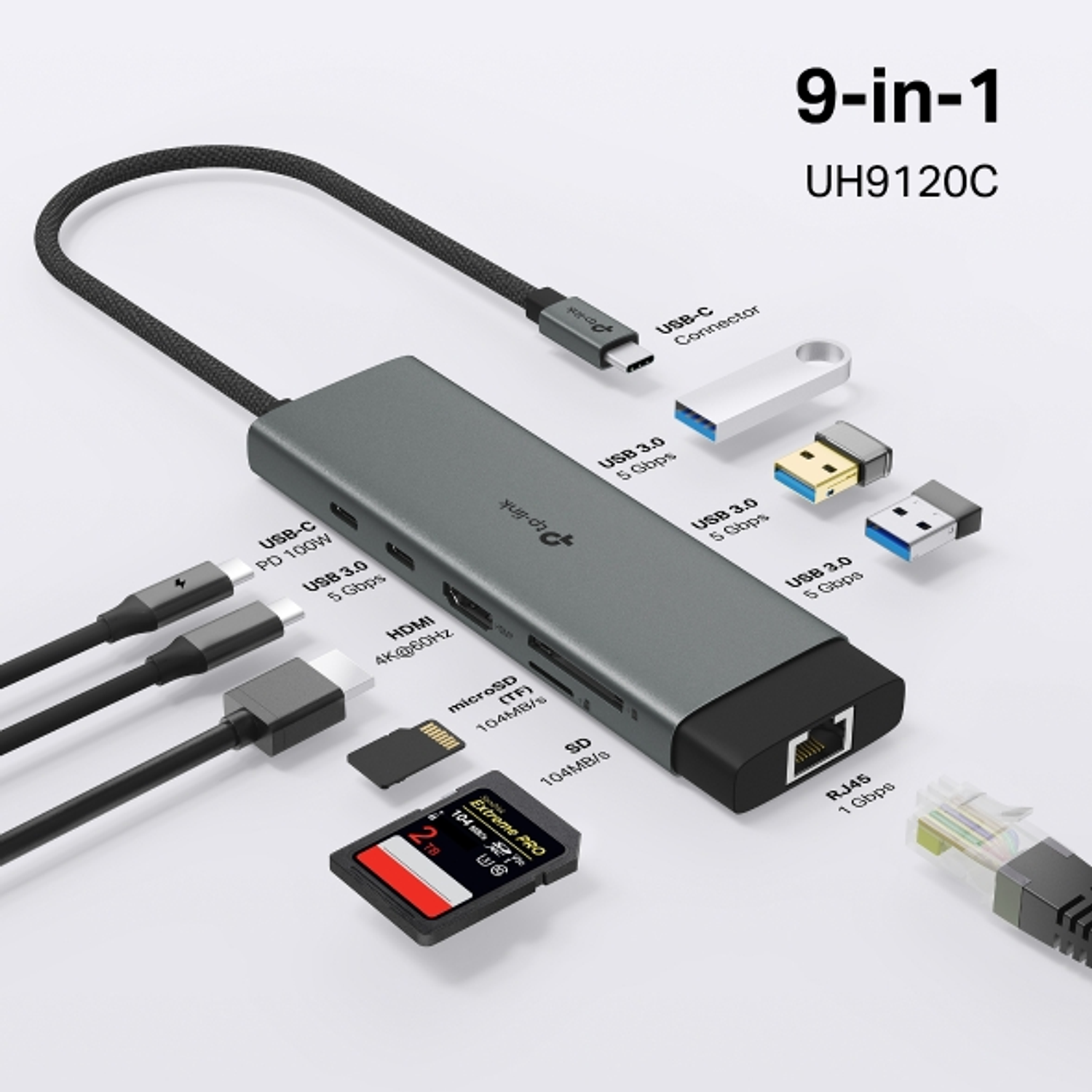 TP-Link UH9120C Hub USB-C 9 en 1, HDMI 4K, 60Hz, Ethernet Gigabit, SD, microSD, Carga Rápida 100W 5