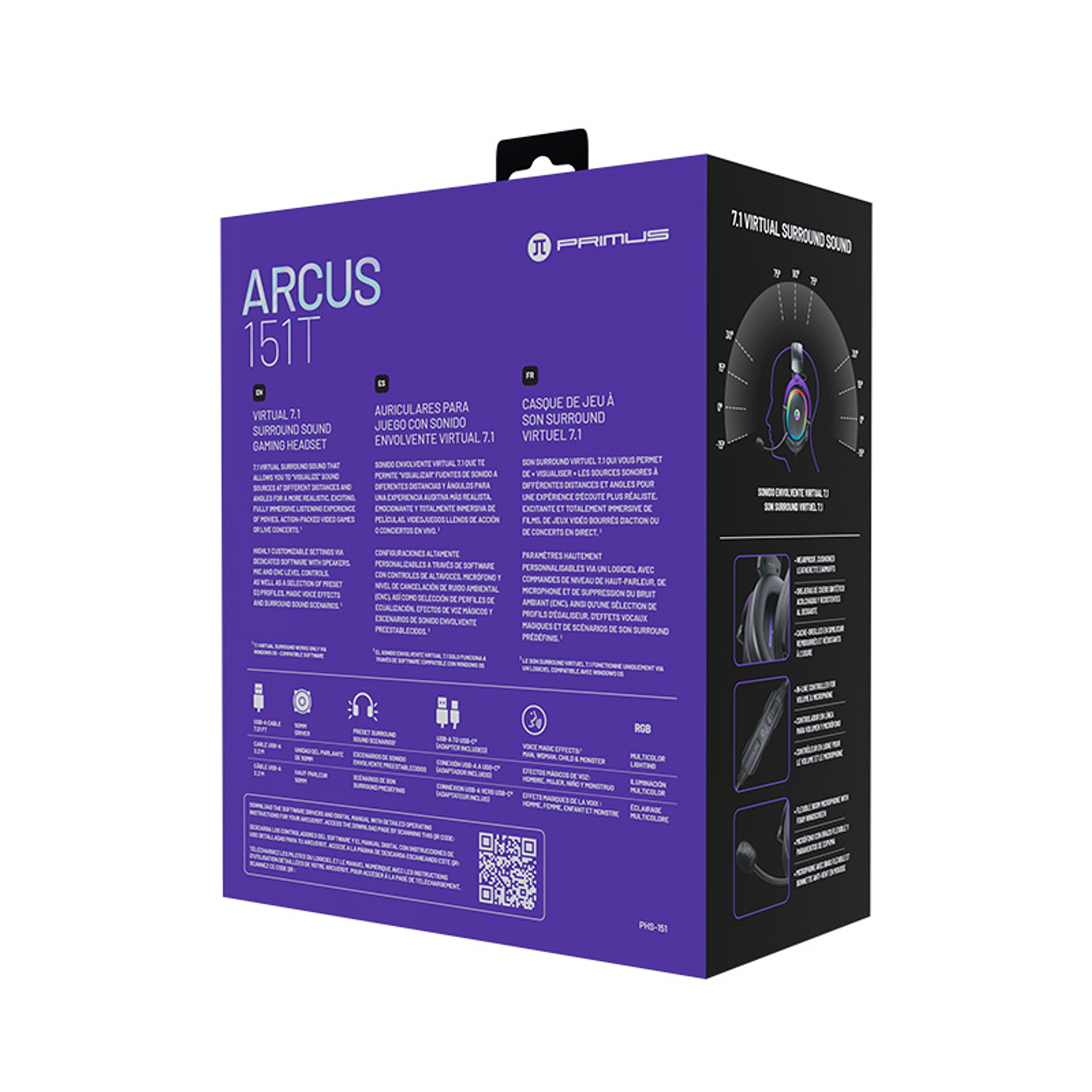 Primus PHS-151 Auriculares Gamer, RGB, USB 7.1, con Micrófono, Color Negro 7