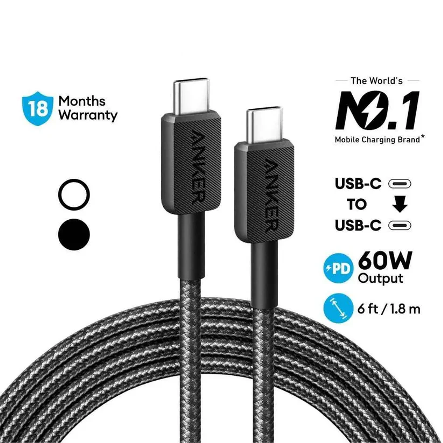 Anker 322 Cable USB-C a USB-C 1.8m 60W PowerLine Trenzado, Color Blanco 2