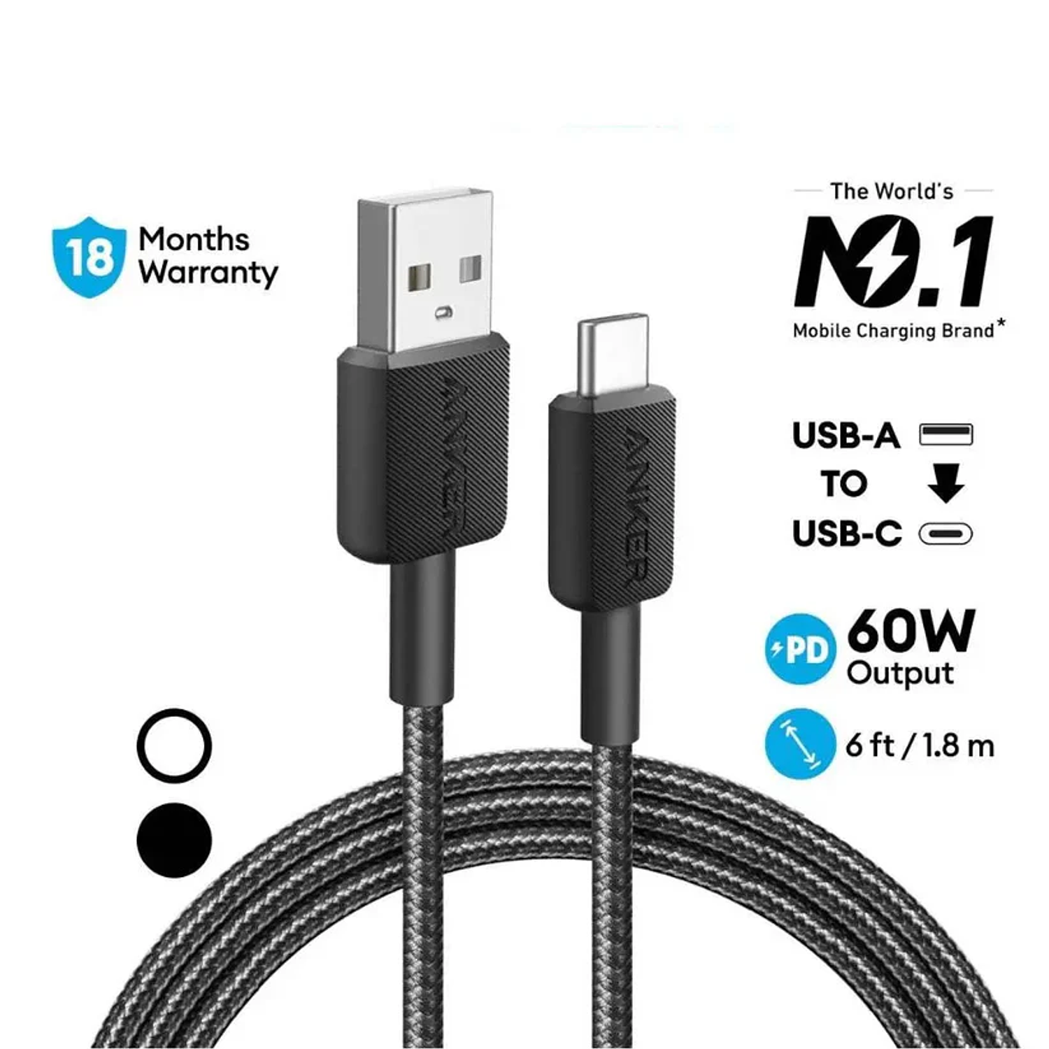 Anker 322 Cable USB-A a USB-C 1.8m PowerLine Carga Rápida 15W, Color Negro 2