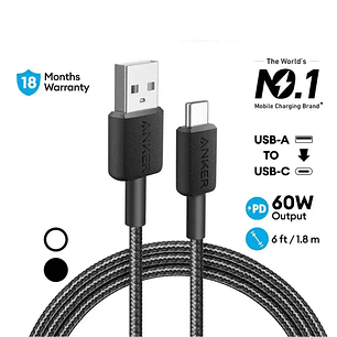 Anker 322 Cable USB-A a USB-C 1.8m PowerLine Carga Rápida 15W, Color Negro