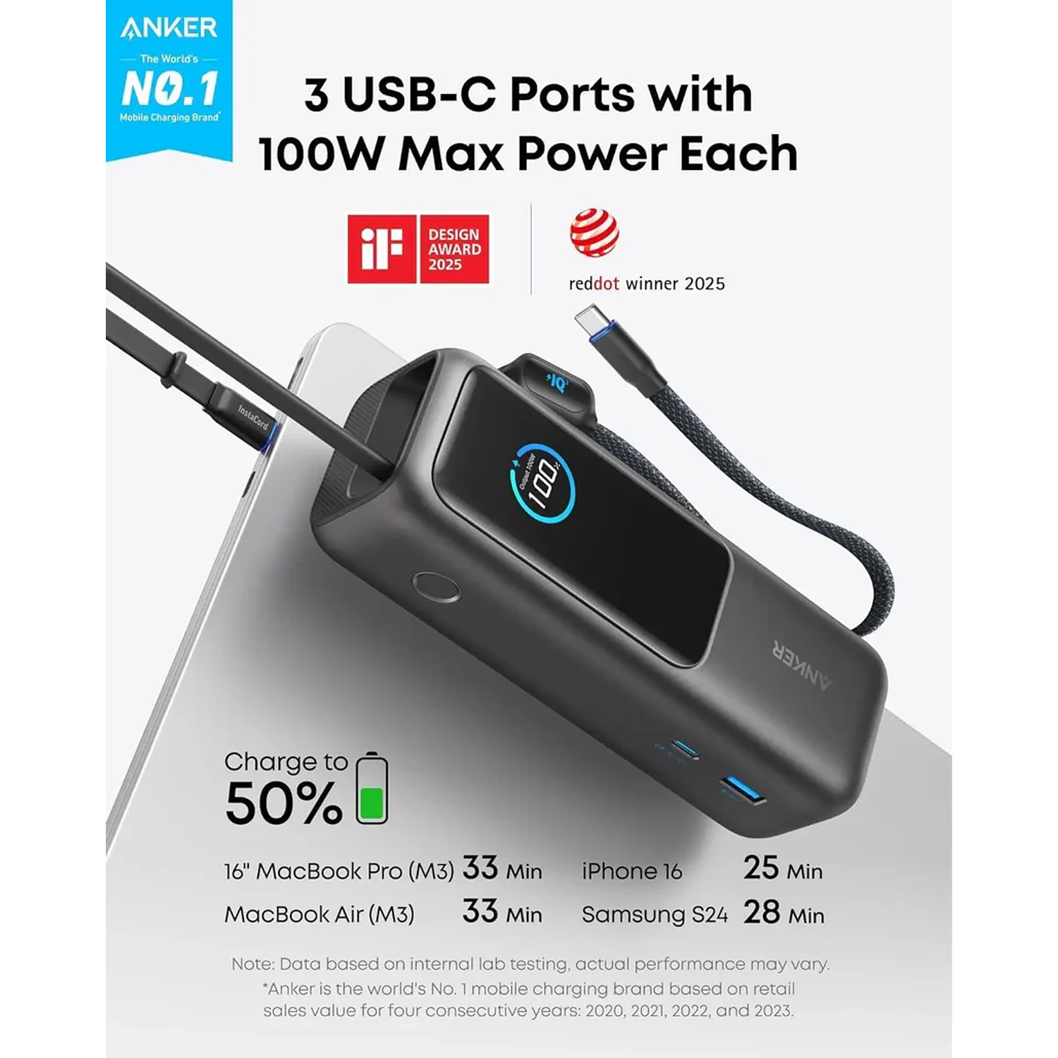 Anker PowerBank 25K 165W con Dos Cables USB-C integrados y USB-A, Color Plata 3