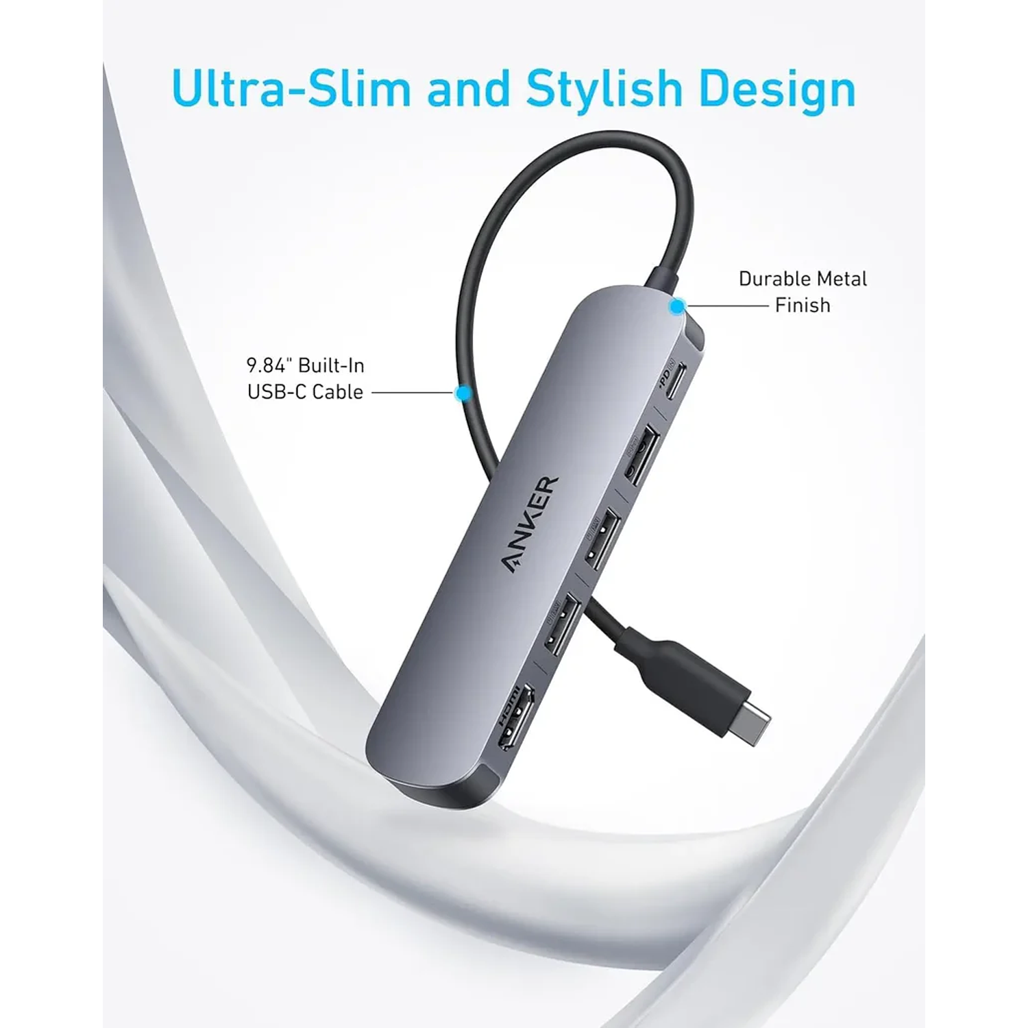 Anker Hub USB-C 5 en 1 HDMI 4K 30Hz con PD 90W y Puertos USB, Color Gris 3