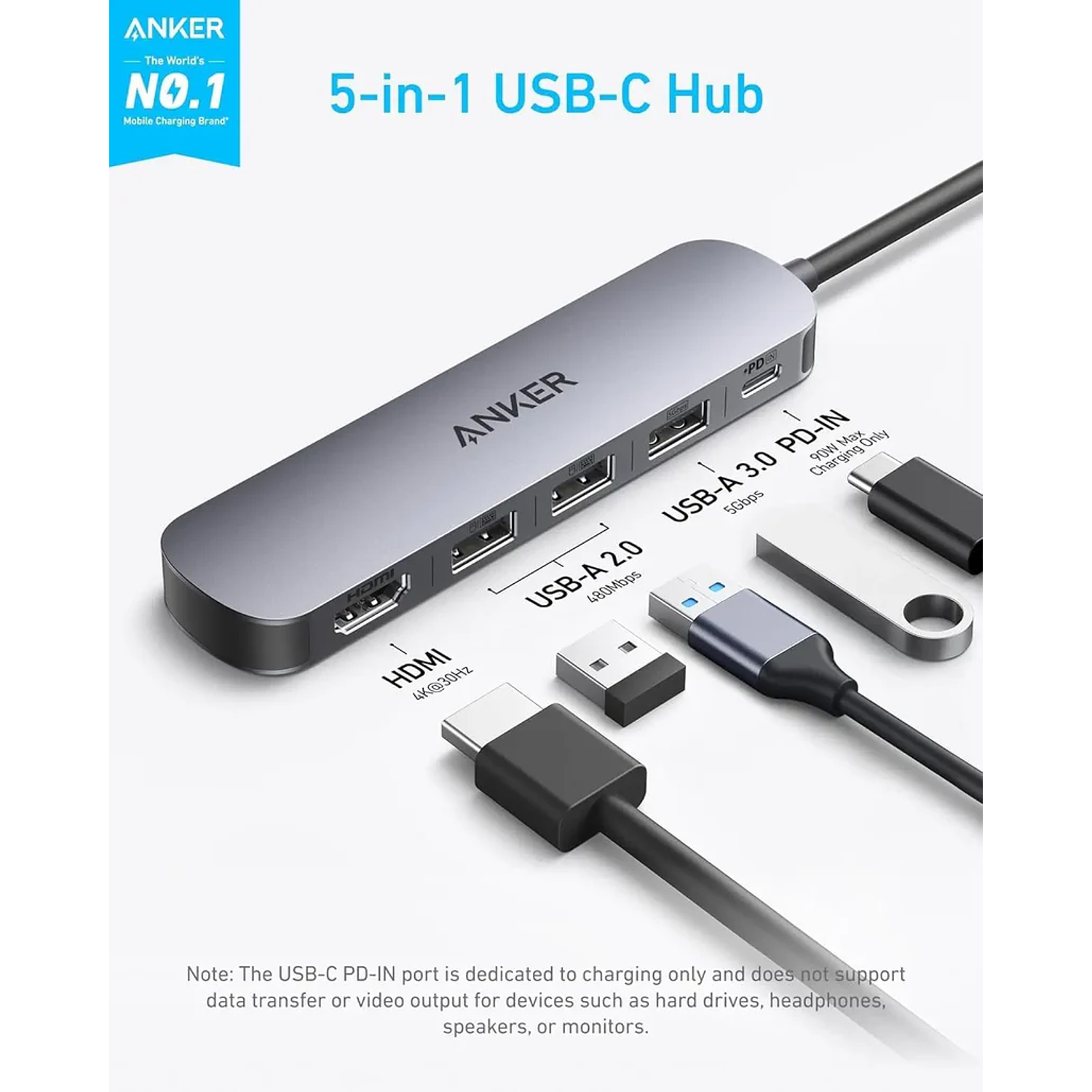 Anker Hub USB-C 5 en 1 HDMI 4K 30Hz con PD 90W y Puertos USB, Color Gris 4