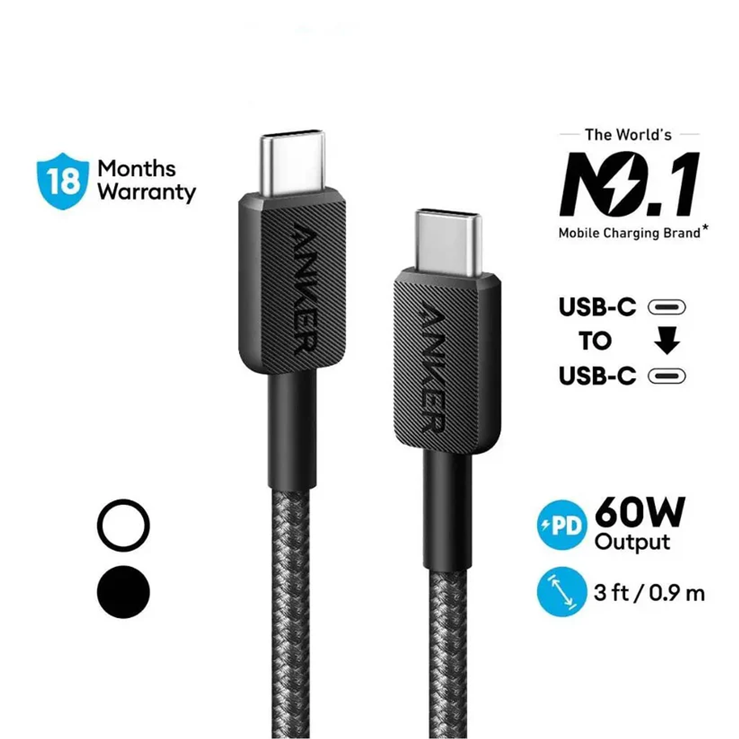 Anker Cable USB-C a USB-C 322 PowerLine 0.9m 60W Trenzado A81F5, Color Negro 2