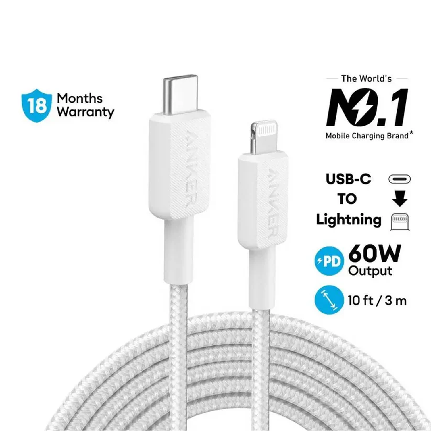 Anker Cable 322 USB-C a Lightning PowerLine 3m 60W Trenzado A81B7, Color Blanco 2