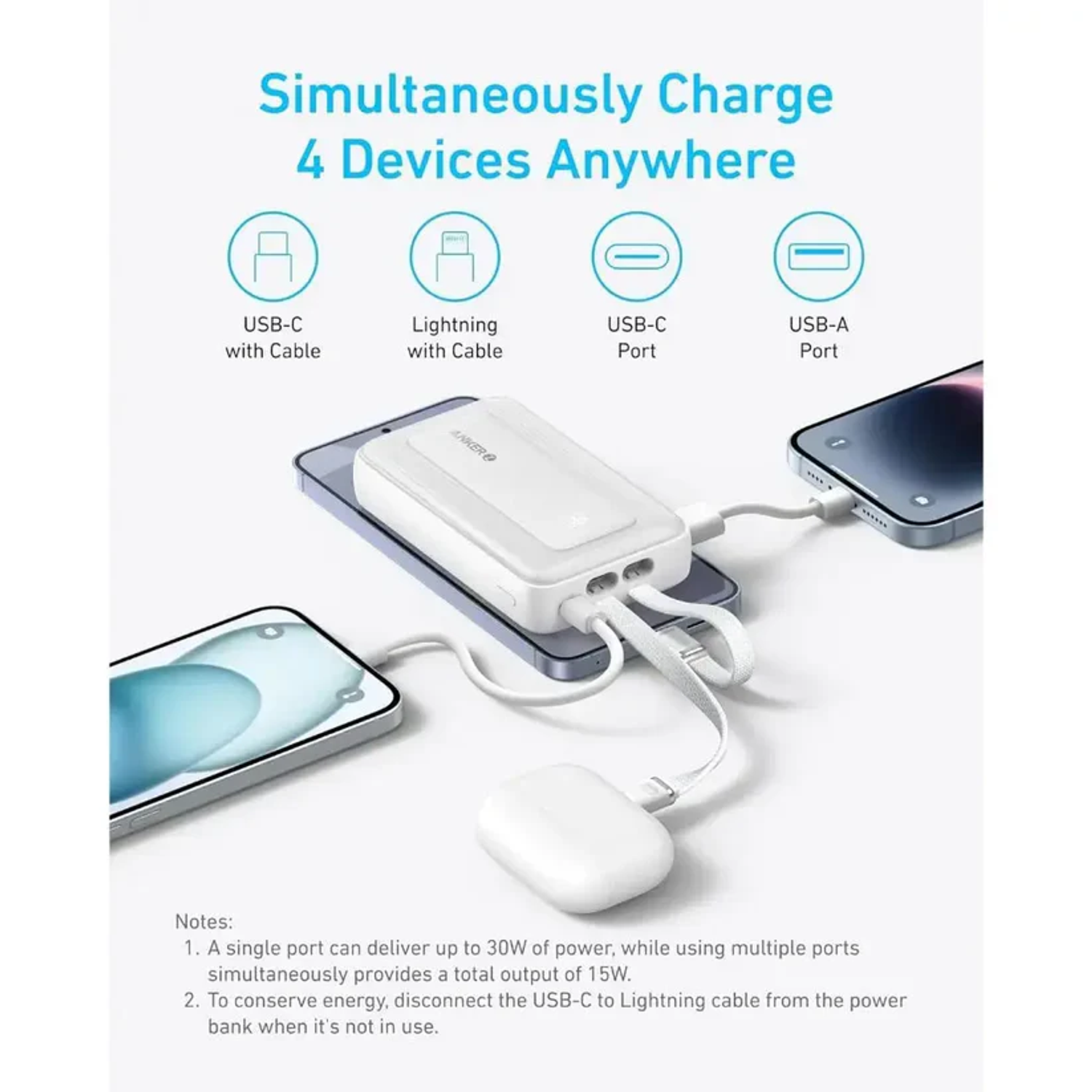 Anker Power Bank 10.000 mAh, 30W, Batería Externa con Cables USB-C y Lightning Integrados, Carga Rápida, Múltiples Dispositivos 2