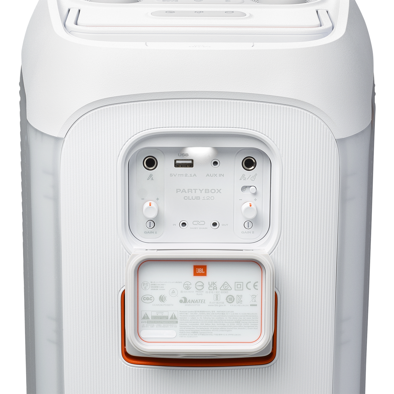 JBL PartyBox Club 120 Parlante Bluetooth 160W con Luces LED, AI Sound Boost, Karaoke y Resistente al Agua, Blanco 10