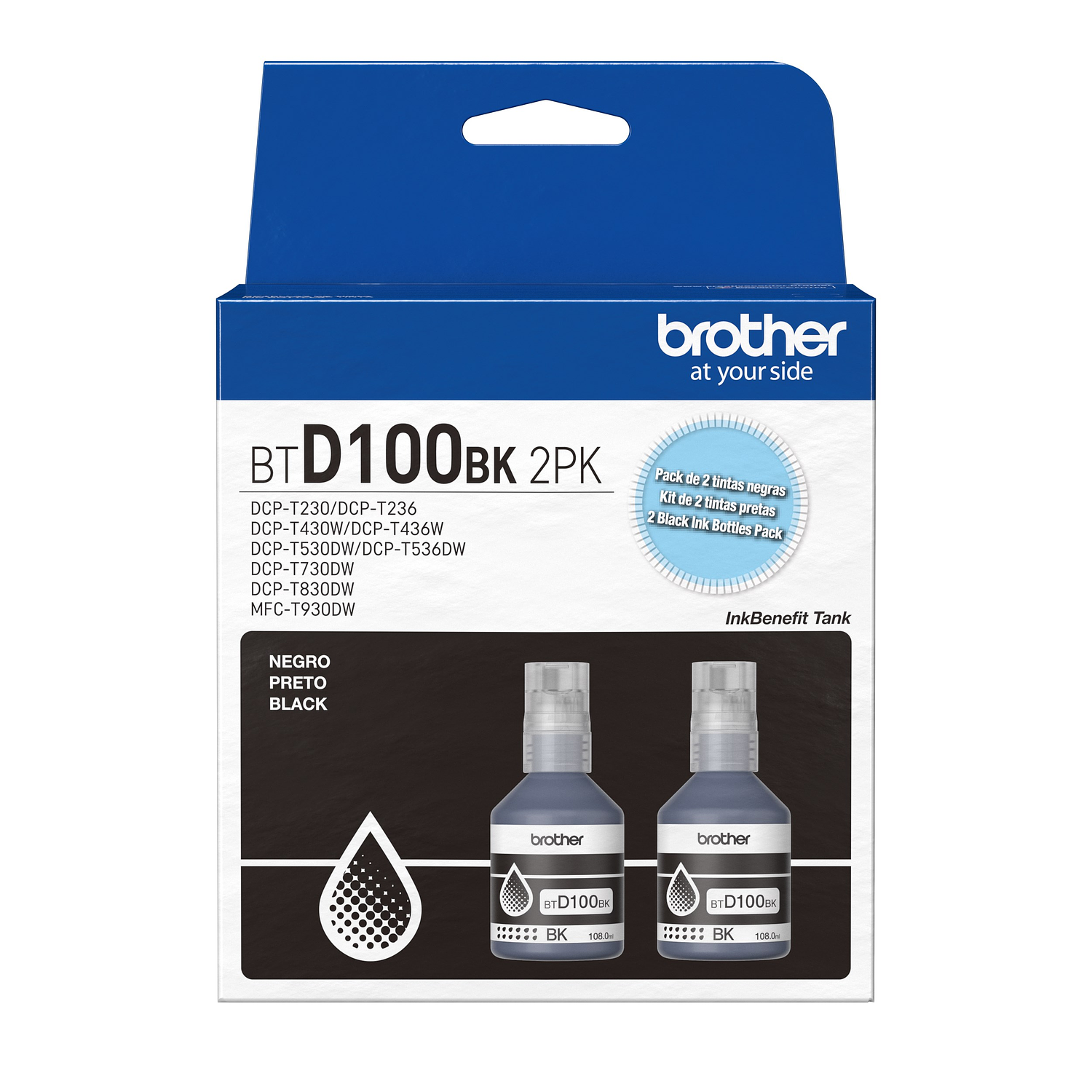 Brother BTD100BK Pack 2 Botellas de Tinta Original Color Negro, Mayor Rendimiento y Nitidez