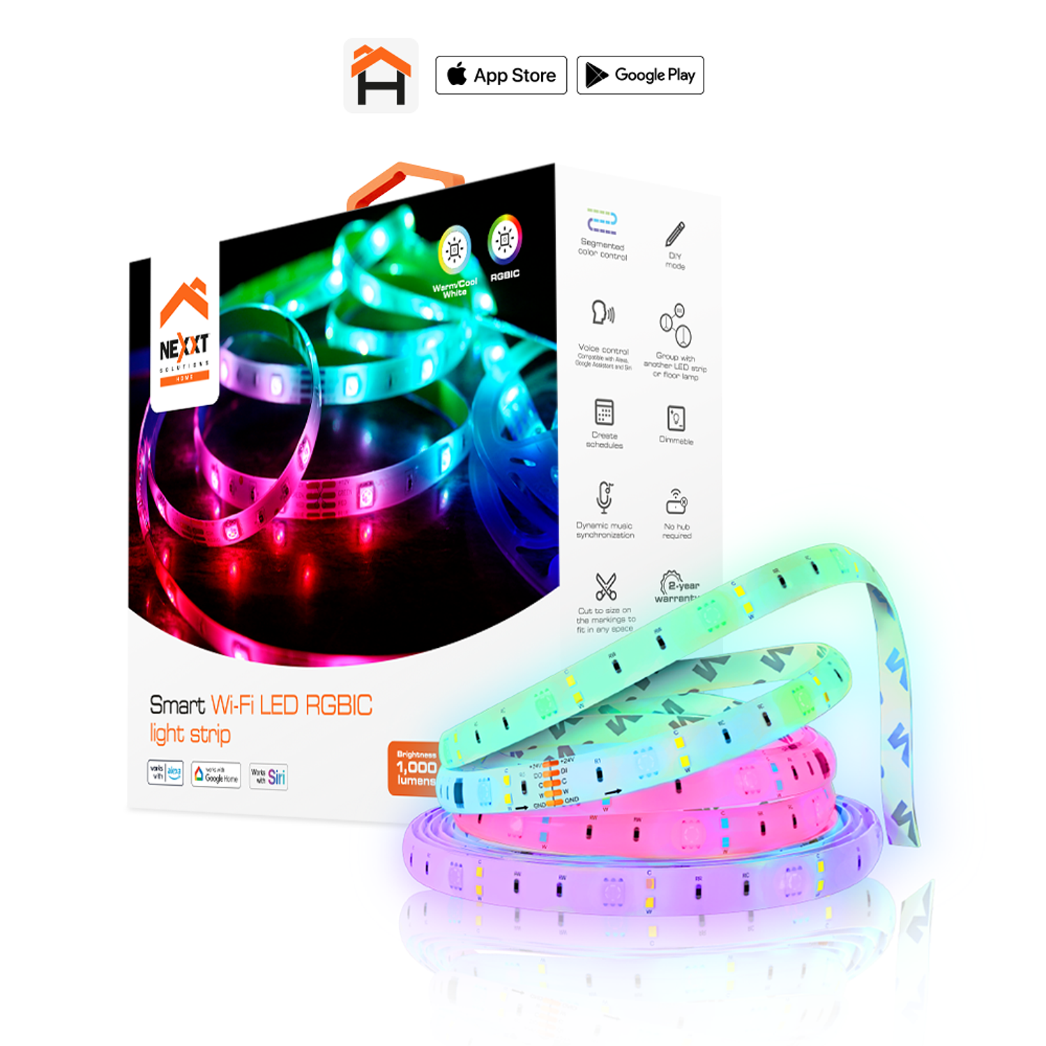 Nexxt Solutions Cinta LED Inteligente Wi-Fi RGBIC 5m, Multicolor, Control por Voz y App Nexxt Home, Sincronización con Música y Escenas Personalizables 1