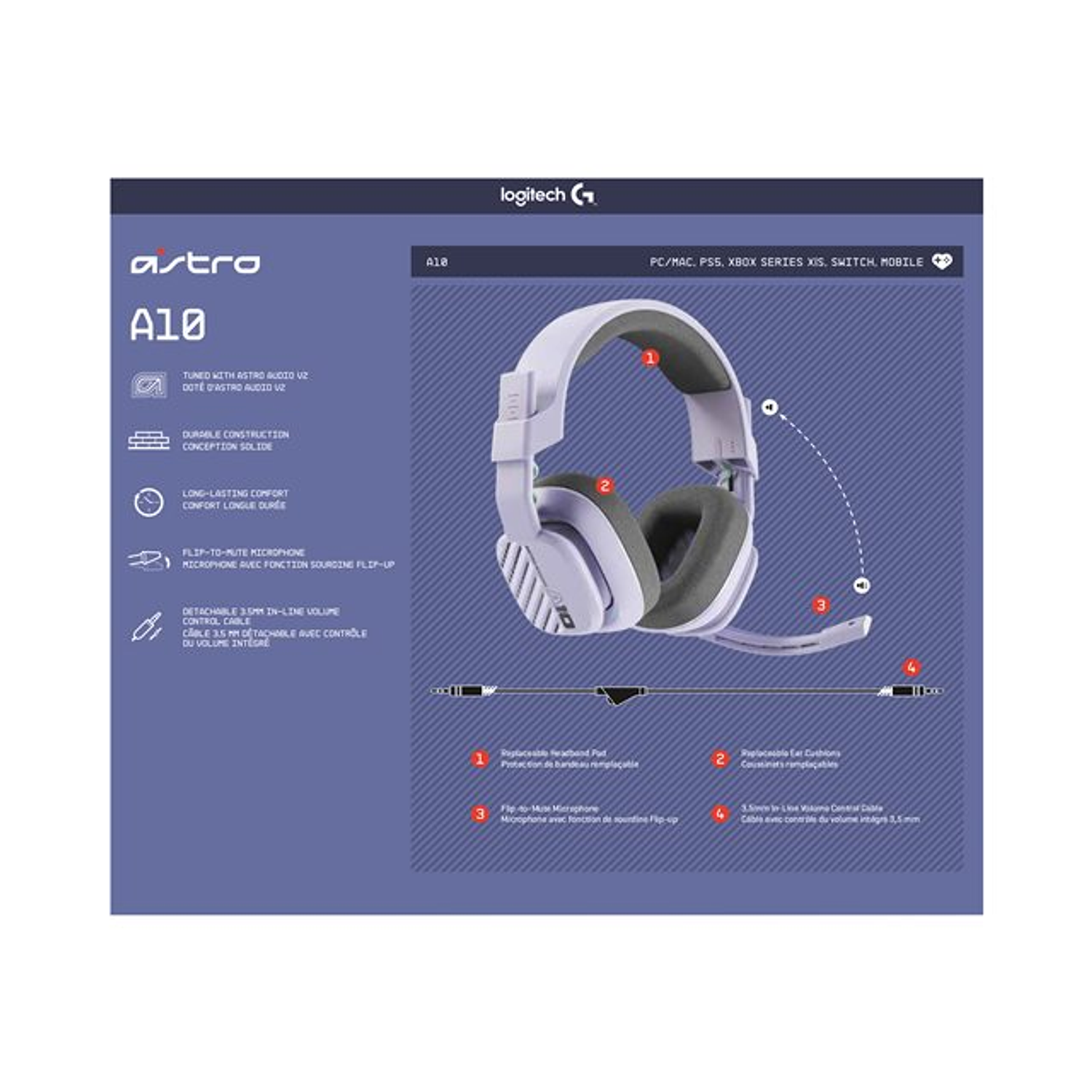 Logitech ASTRO Gamer A10 Gen 2, Audífonos con Cable y Micrófono, 3,5 mm, Lila 12