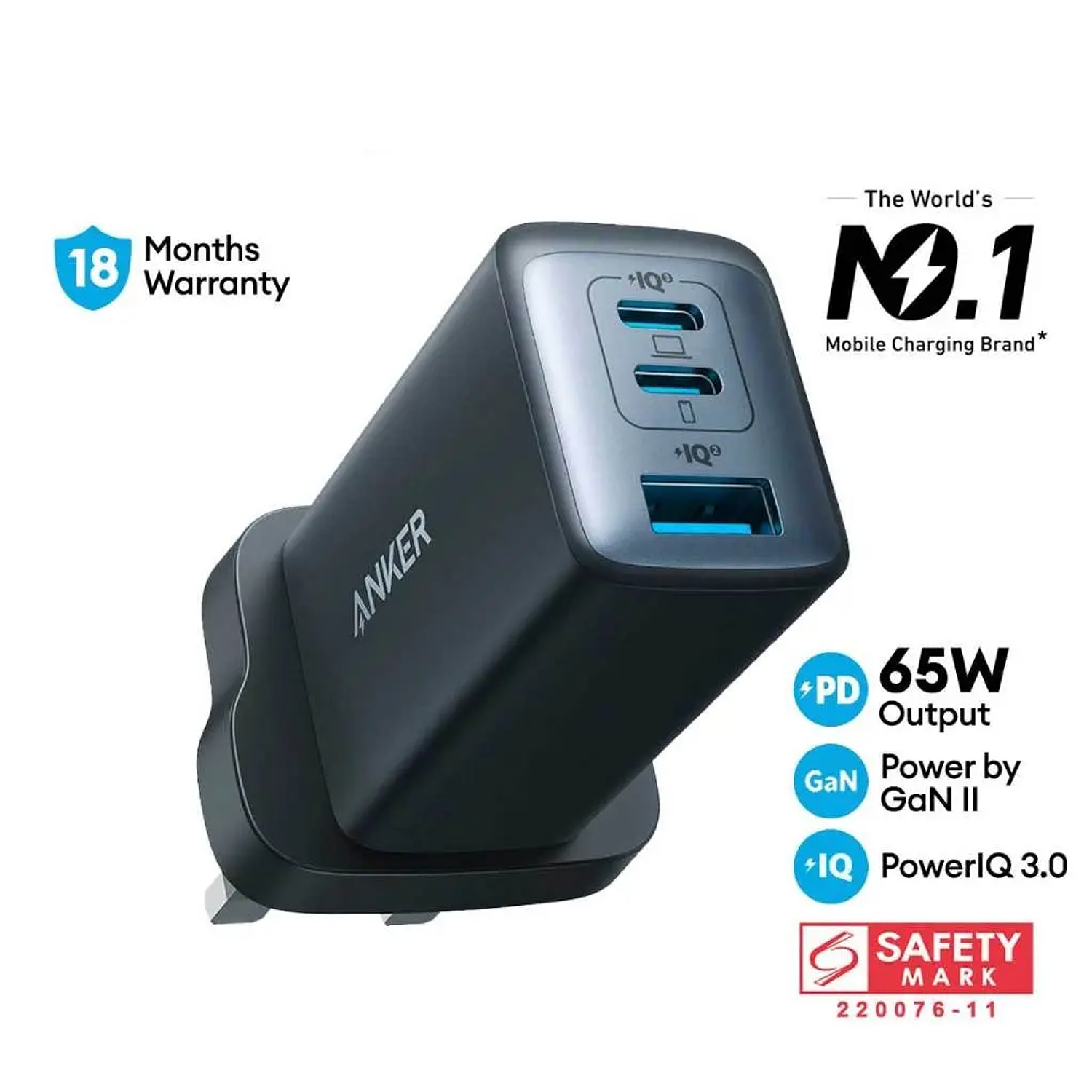 Anker 735 PowerPort III Cargador de 3 Puertos, 65W, Negro 1