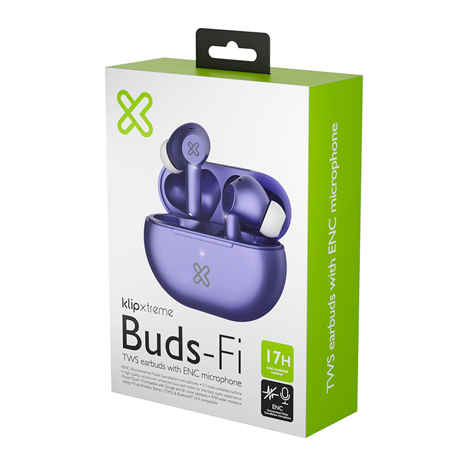 Klip Xtreme KTE-015BK Buds-Fi TWS Audífonos Inalámbricos, Bluetooth 5.4, Micrófono ENC, 13mm, 17H de Autonomía, IPX4, Toque Inteligente, Compatible Siri y Google, Purpura 2