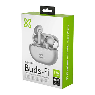 Klip Xtreme KTE-015BK Buds-Fi TWS Audífonos Inalámbricos, Bluetooth 5.4, Micrófono ENC, 13mm, 17H de Autonomía, IPX4, Toque Inteligente, Compatible Siri y Google, Gris