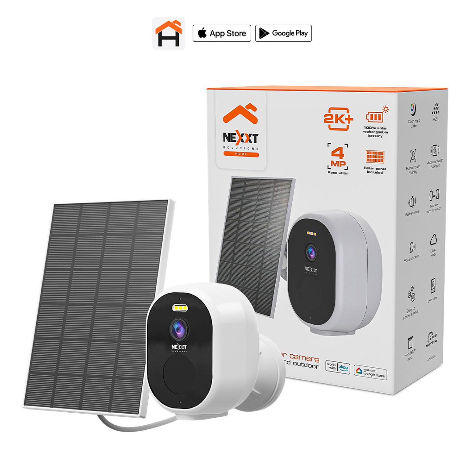 Nexxt Solutions NHC-OF20S Cámara con Panel Solar Wi-Fi, Seguridad Inteligente 2K, Interior y Exterior, Vigilancia 24/7, Energía Solar, IP65, MicroSD, Comunicación Bidireccional, Sirena Integrada 5