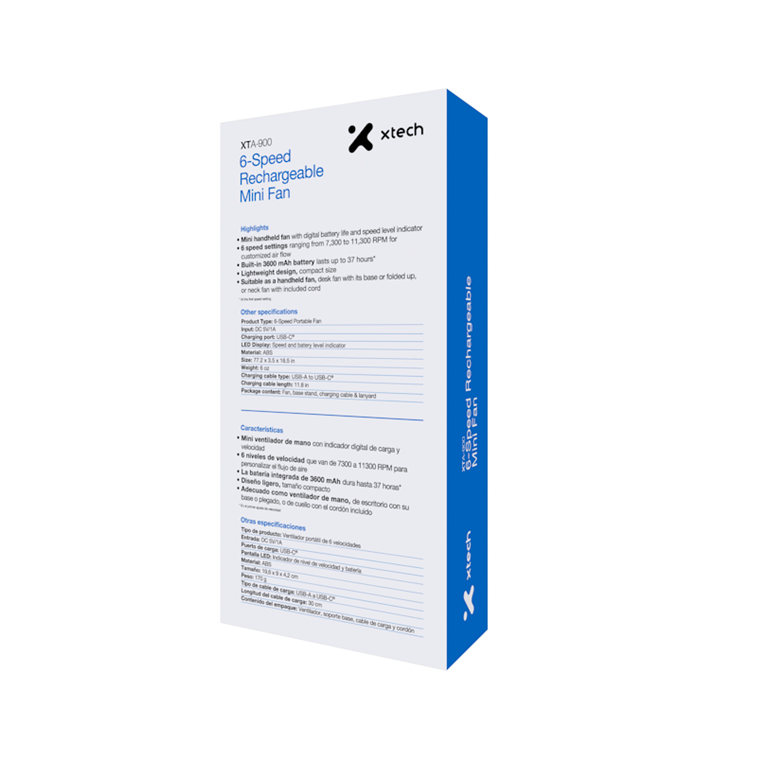 Xtech XTA-900 Ventilador Portátil Recargable 6 Velocidades, Mini Fan de Mano, Escritorio y Cuello, 37 Horas de Batería, Pantalla LED, USB-C 8