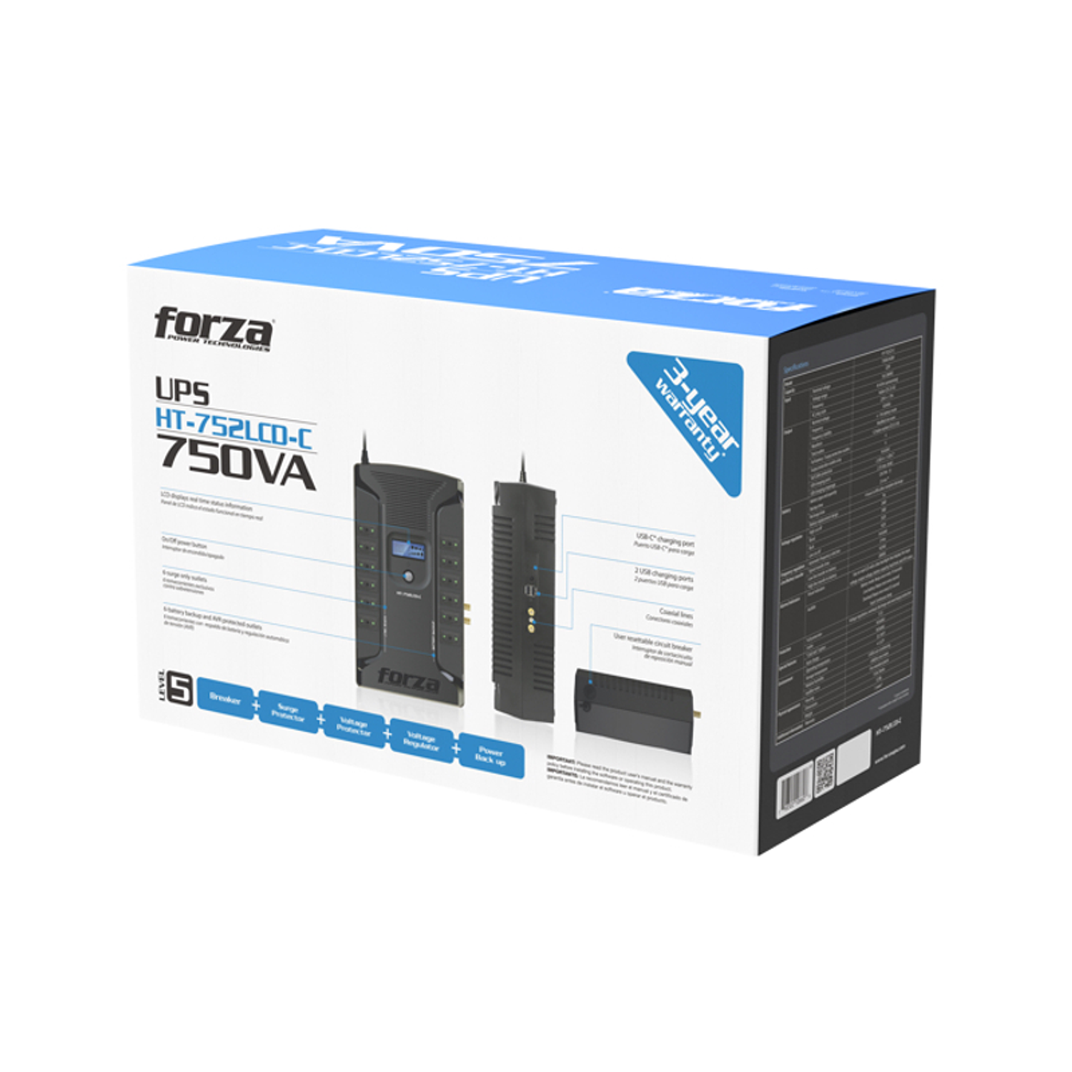 Kit UPS Forza HT-752LCD-C 750VA + Cargador Portátil DC-140USB 24W, Protección Eléctrica, Regulador de Voltaje, USB, Coaxial, 220V 6
