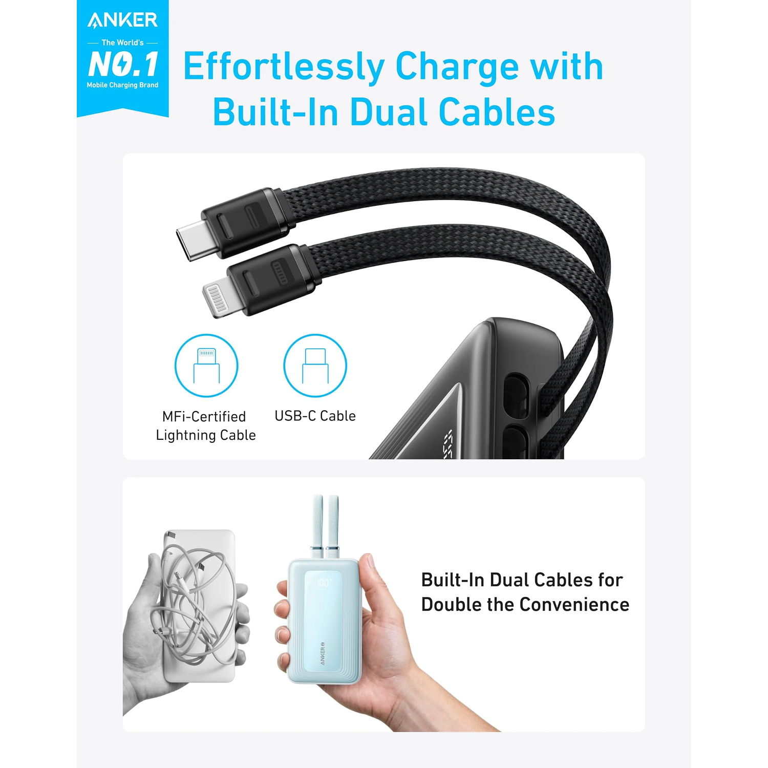 Anker Power Bank 20.000 mAh, 30W, Batería Externa con Cables USB-C y Lightning Integrados, Carga Rápida, Múltiples Dispositivos 4