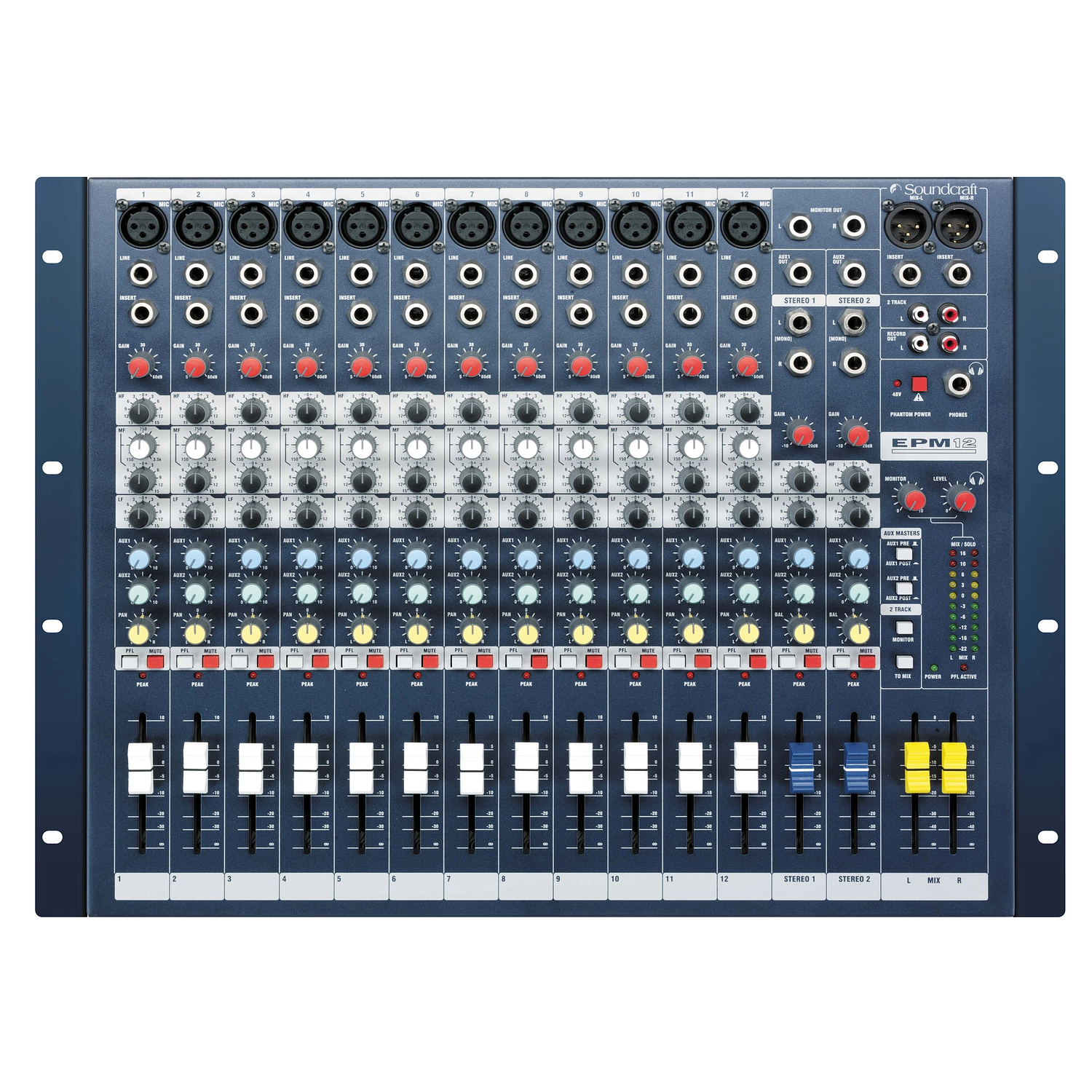 Soundcraft EPM12 Consola de Mezclas Analógica, 12 Canales Mono + 2 Estéreo, Pre-Amps GB30 y EQ de 3 Bandas con Barrido 4