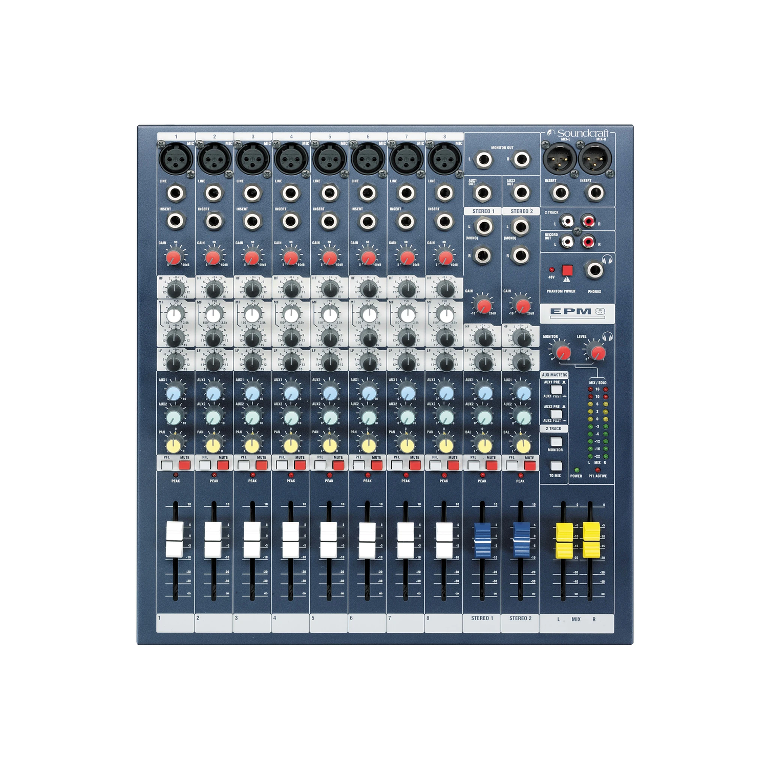 Soundcraft EPM8 Consola de Mezclas Analógica, 8 Canales Mono + 2 Estéreo, Pre-Amps GB30, EQ de Barrido y 2 Buses Auxiliares 2