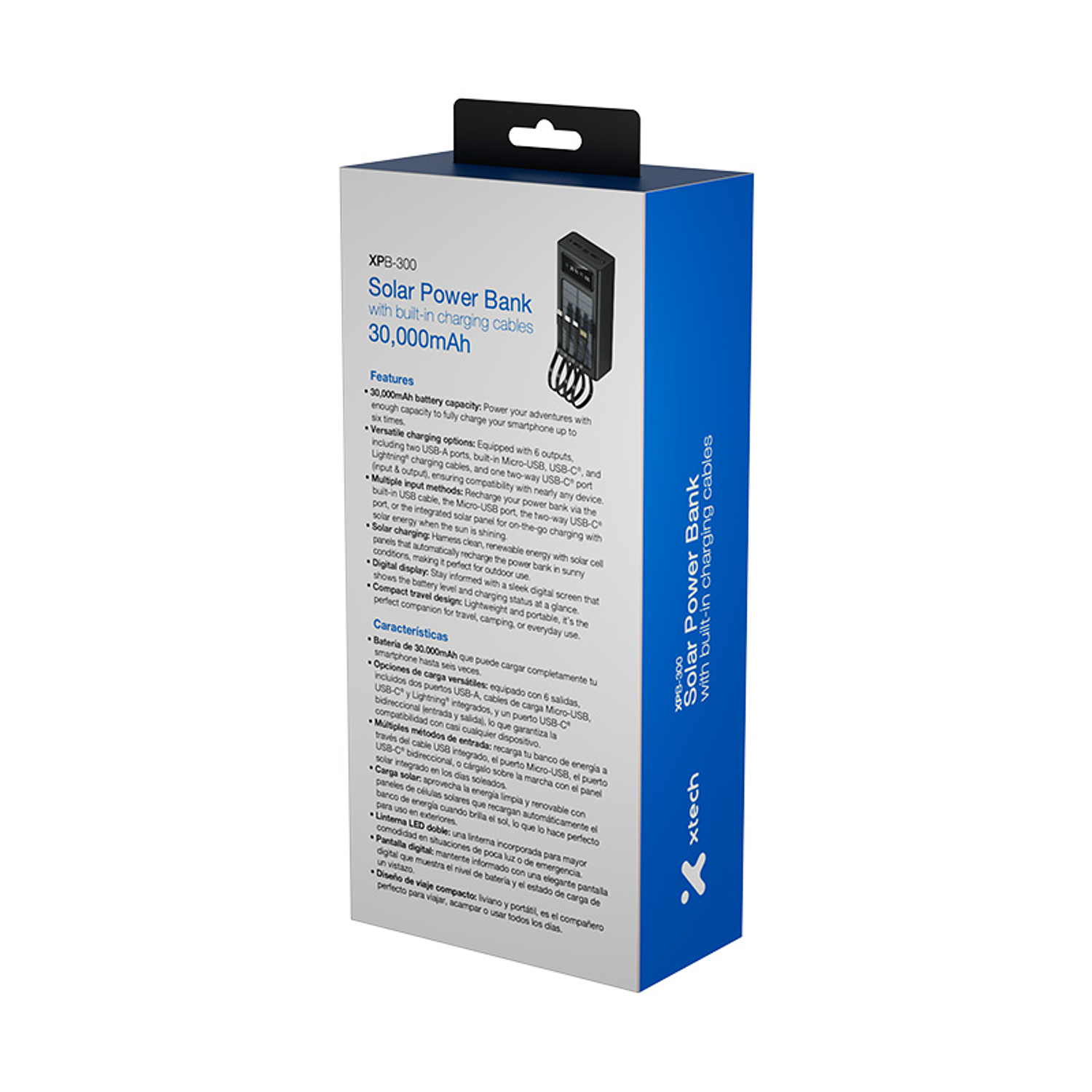 Xtech XPB-300 PowerBank Solar Portátil de 30.000 mAh, 3 Cables de Carga Integrados, Micro-USB, USB-C y Lightning, Pantalla Digital, Linterna LED 4