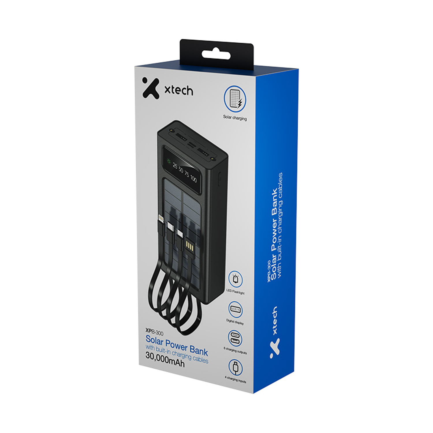 Xtech XPB-300 PowerBank Solar Portátil de 30.000 mAh, 3 Cables de Carga Integrados, Micro-USB, USB-C y Lightning, Pantalla Digital, Linterna LED 3