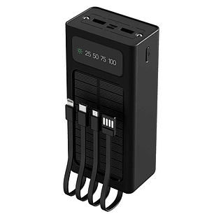 Xtech XPB-300 PowerBank Solar Portátil de 30.000 mAh, 3 Cables de Carga Integrados, Micro-USB, USB-C y Lightning, Pantalla Digital, Linterna LED