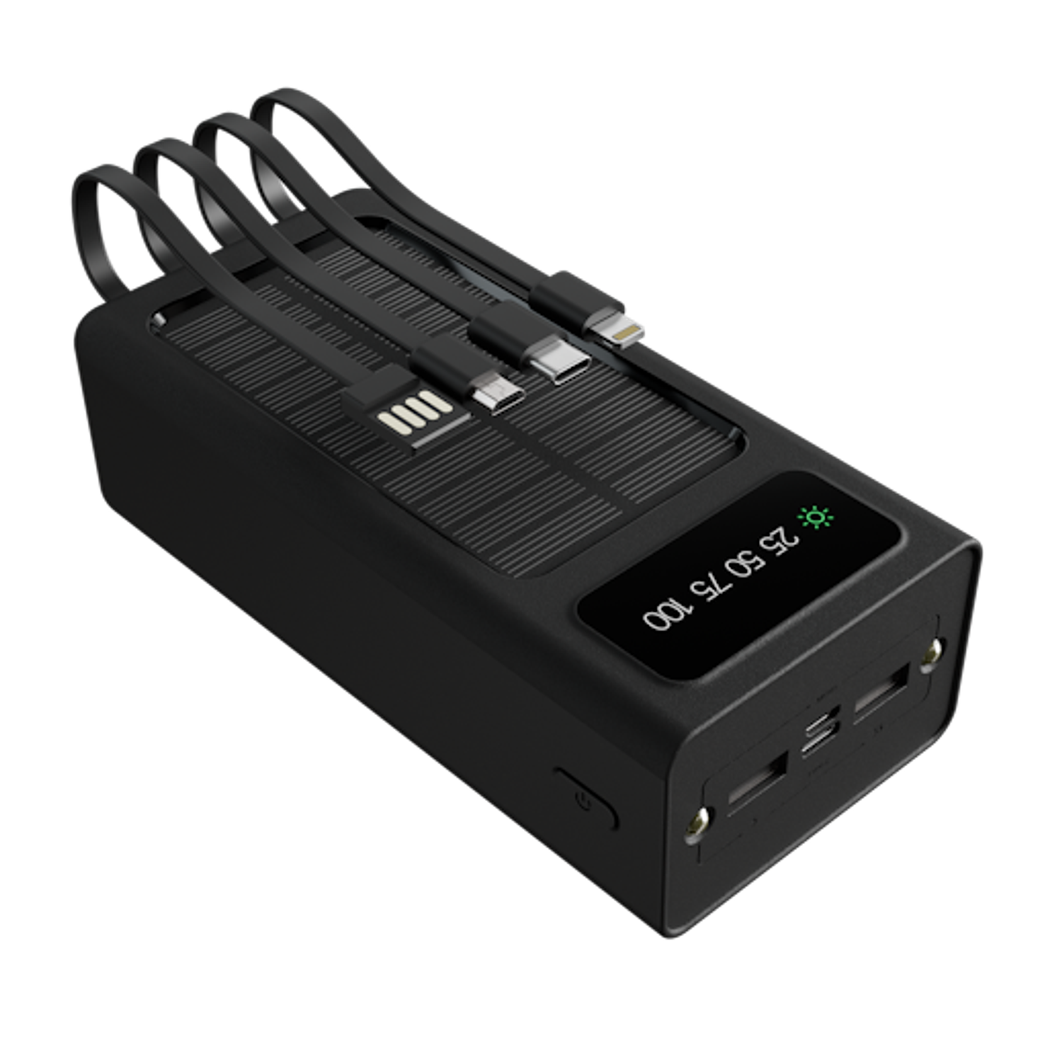 Xtech XPB-300 PowerBank Solar Portátil de 10.000 mAh, 3 Cables de Carga Integrados, Micro-USB, USB-C y Lightning, Pantalla Digital, Linterna LED 1