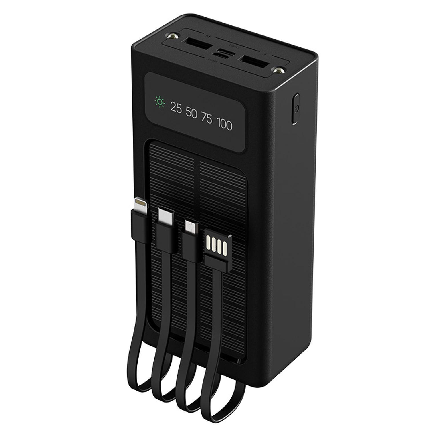 Xtech XPB-300 PowerBank Solar Portátil de 10.000 mAh, 3 Cables de Carga Integrados, Micro-USB, USB-C y Lightning, Pantalla Digital, Linterna LED 2