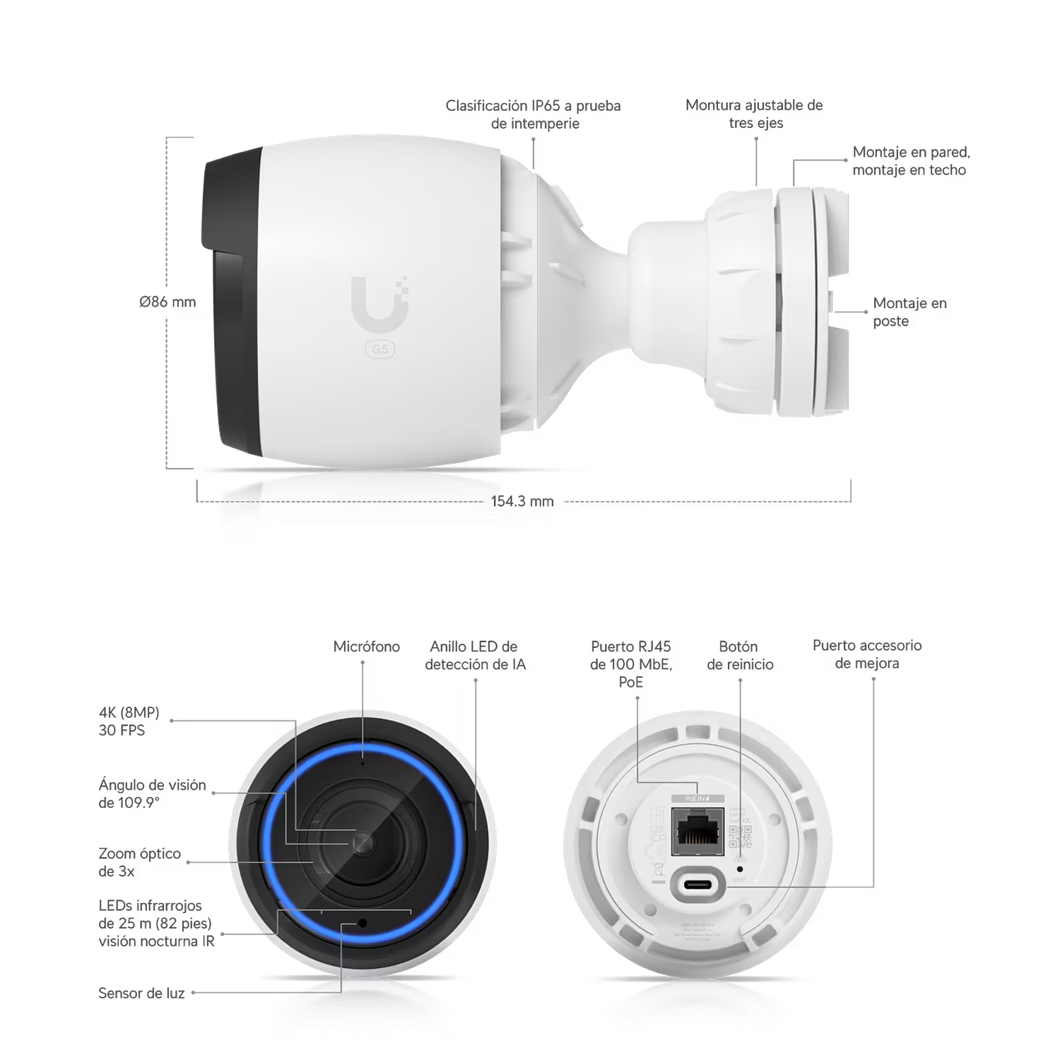 Ubiquiti UniFi Protect G5 Pro UVC-G5-Pro Cámara Bullet para Exteriores 4K Ultra HD, IP65, IK04, Zoom Óptico 3x, 8 MP, POE, IA, Visión Nocturna IR 7