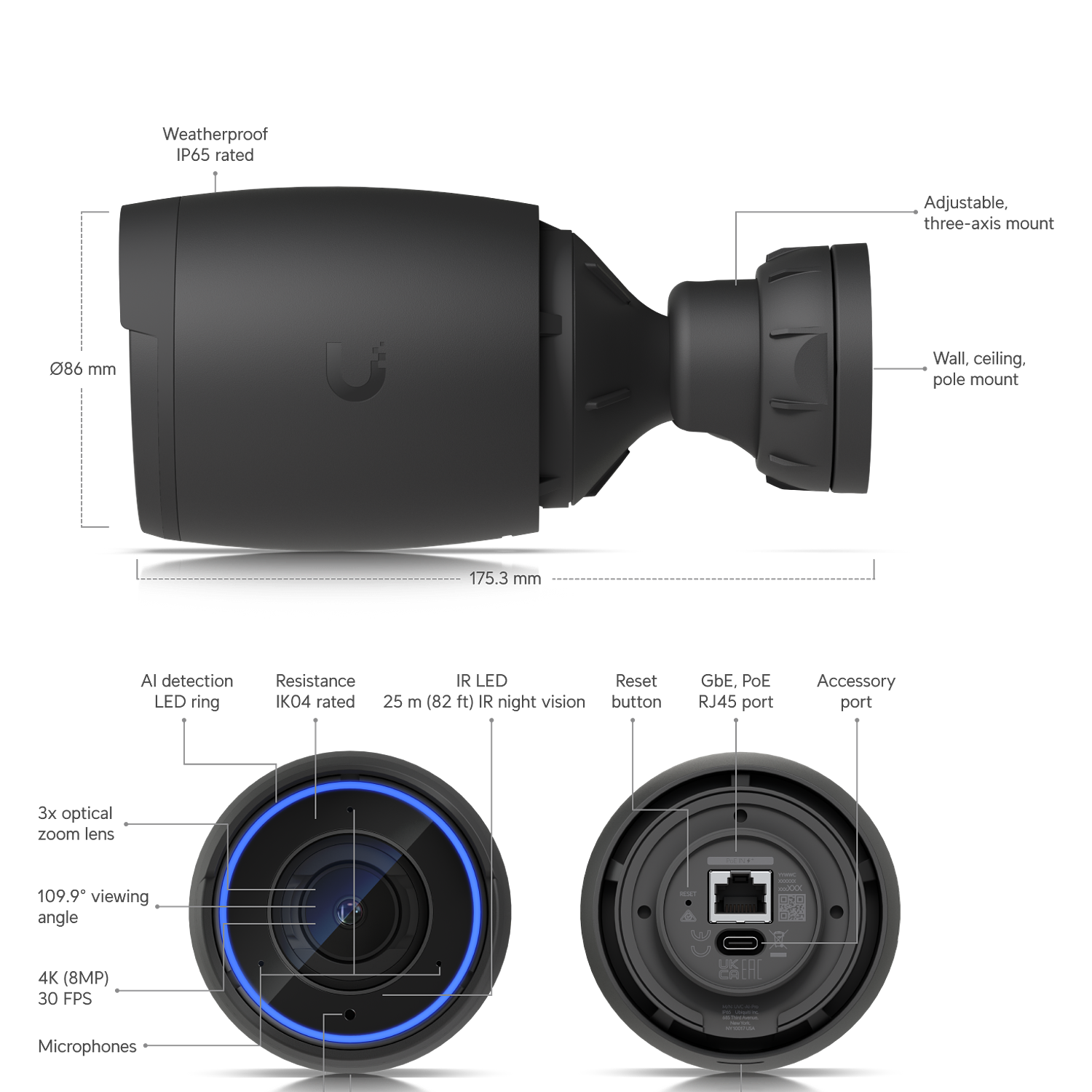 Ubiquiti UniFi UVC-AI-Pro Cámara Bullet 4K, 8 MP, IP65, IK04, POE, Zoom Óptico 3x, Visión Nocturna IR, IA, Negro 7